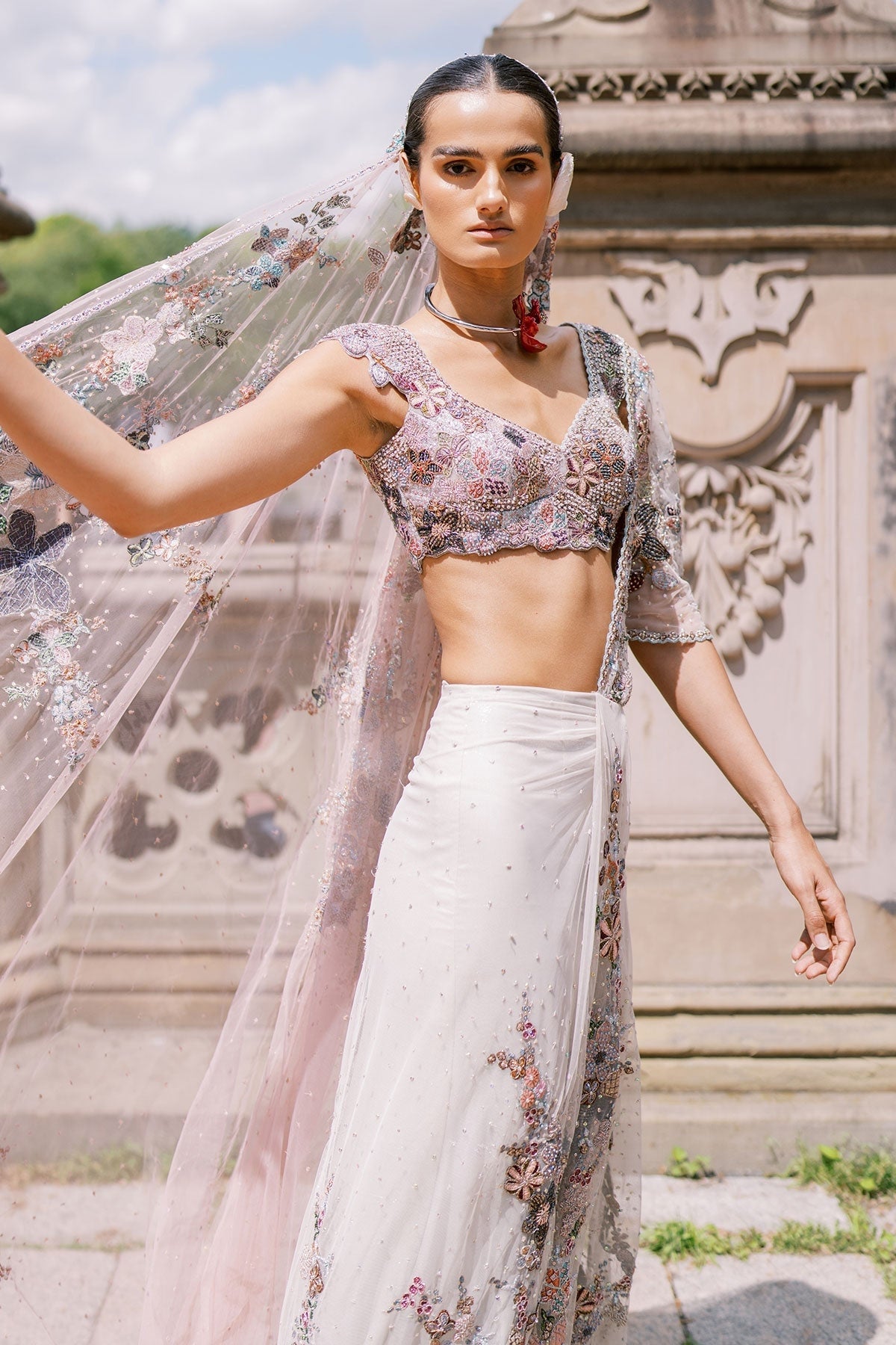 Solette Ivory - Mountbatten pink Tulle drapded Saree