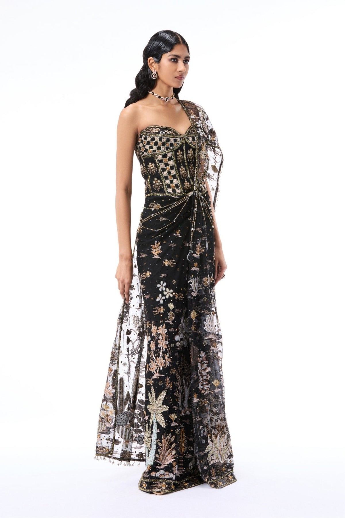 Whimrose - Black tulle draped saree
