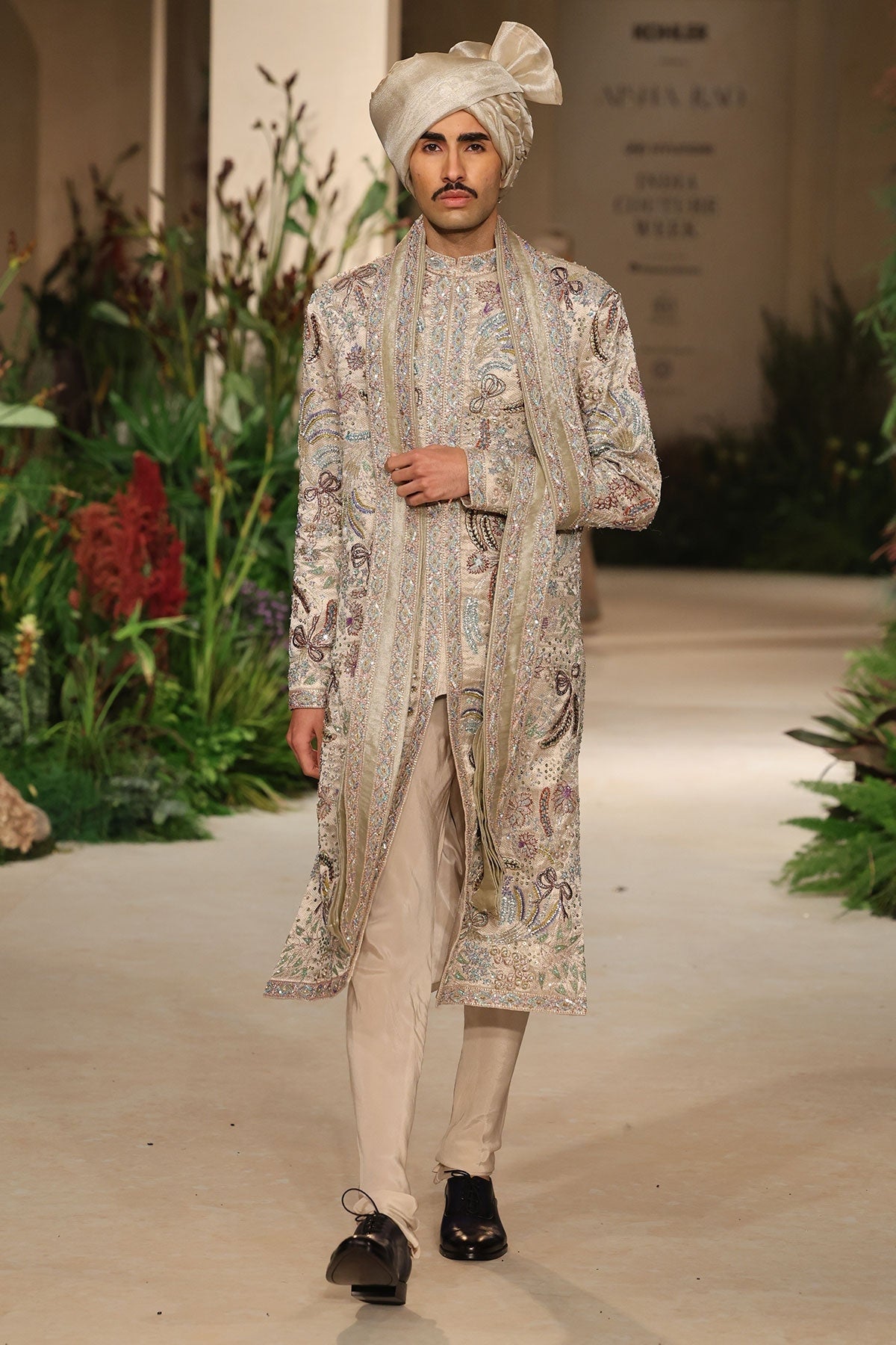 Dovelight - sandstone Banarasi Tissue Brocade sherwani