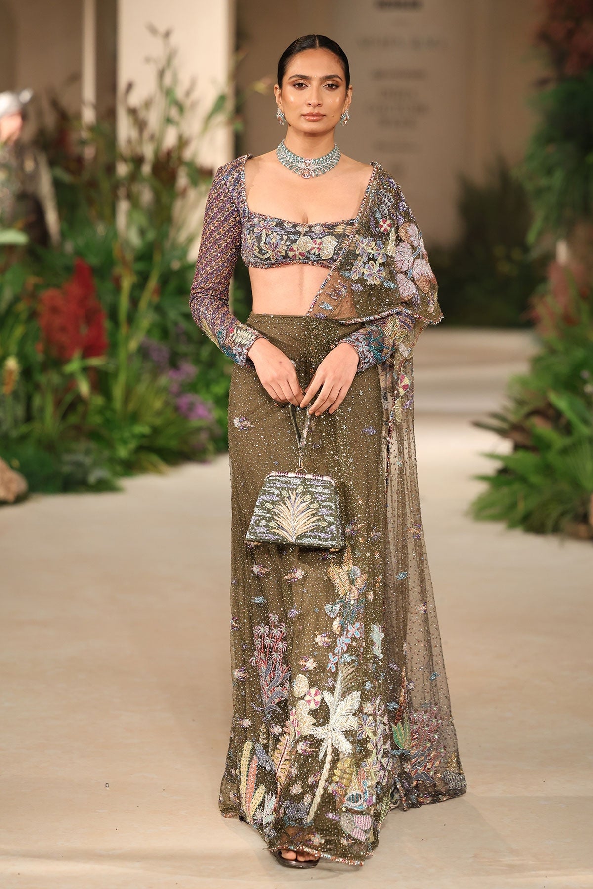 Bloomveil - Lush green gunmetal shimmer tulle drape saree