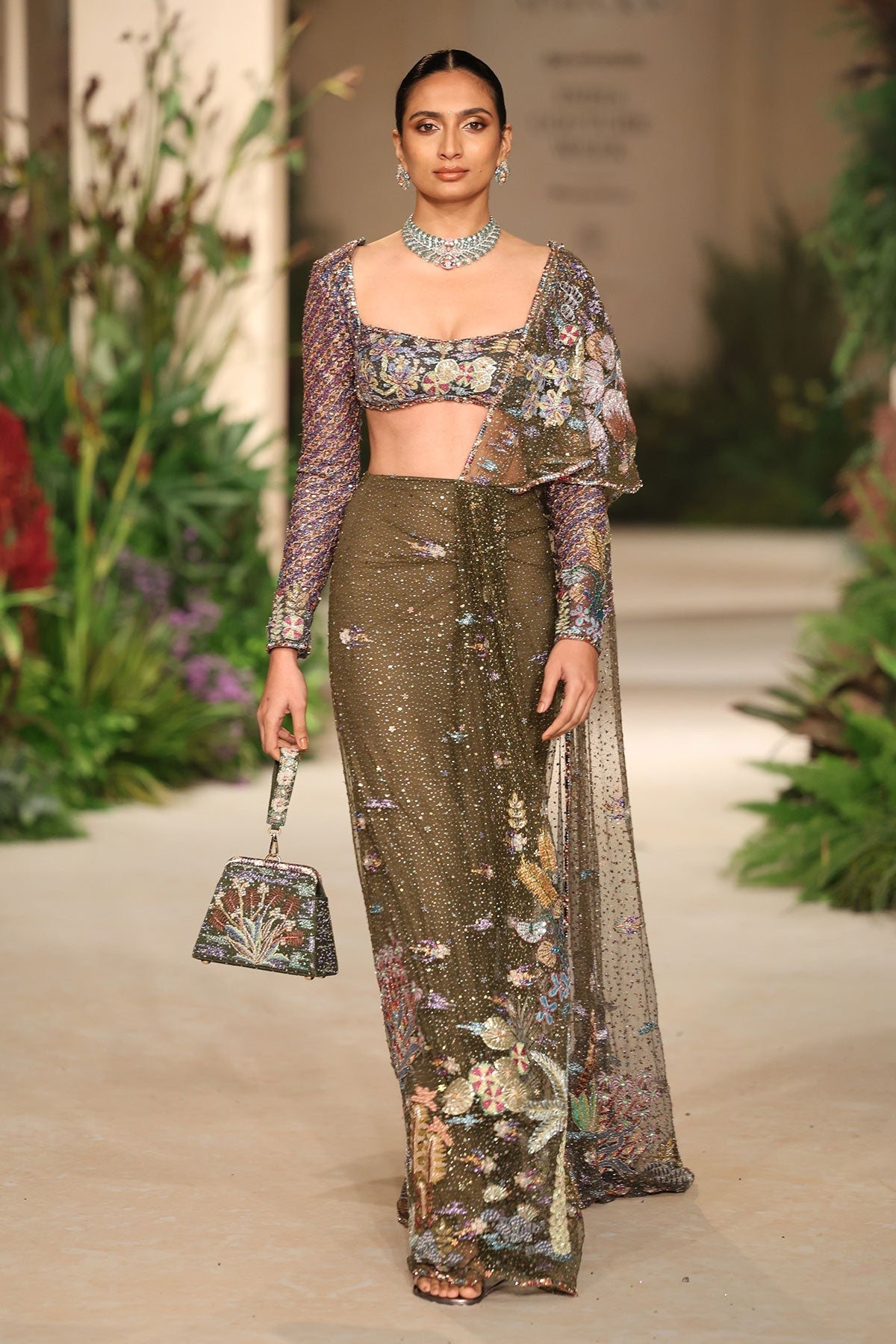 Bloomveil - Lush green gunmetal shimmer tulle drape saree