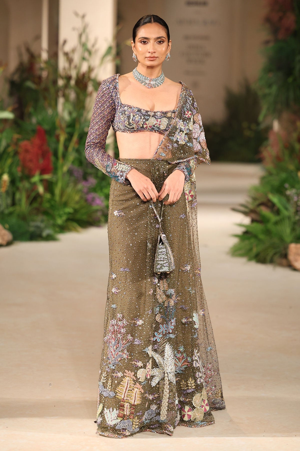 Bloomveil - Lush green gunmetal shimmer tulle drape saree