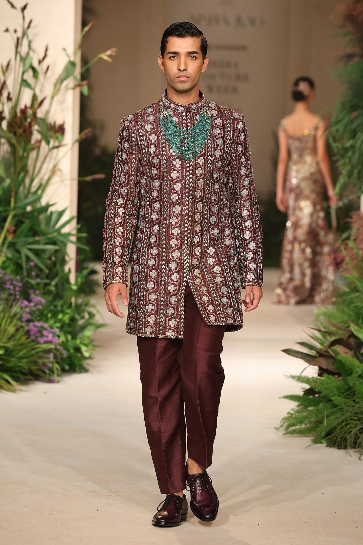 Aurashine - teakberry raw silk sherwani
