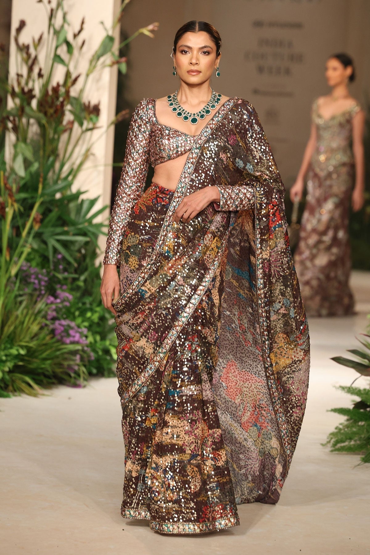 Meadowlight - teakberry sequin georgette draped saree