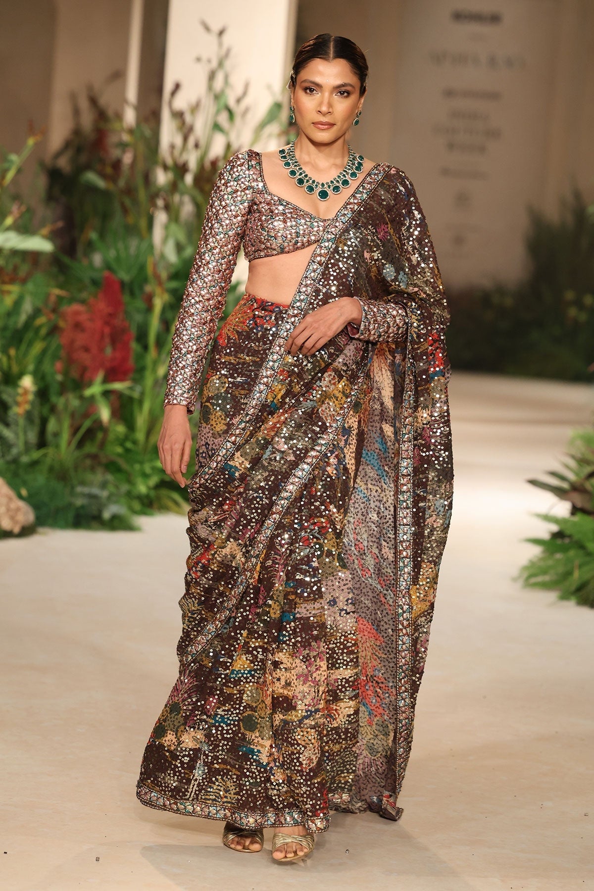 Meadowlight - teakberry sequin georgette draped saree