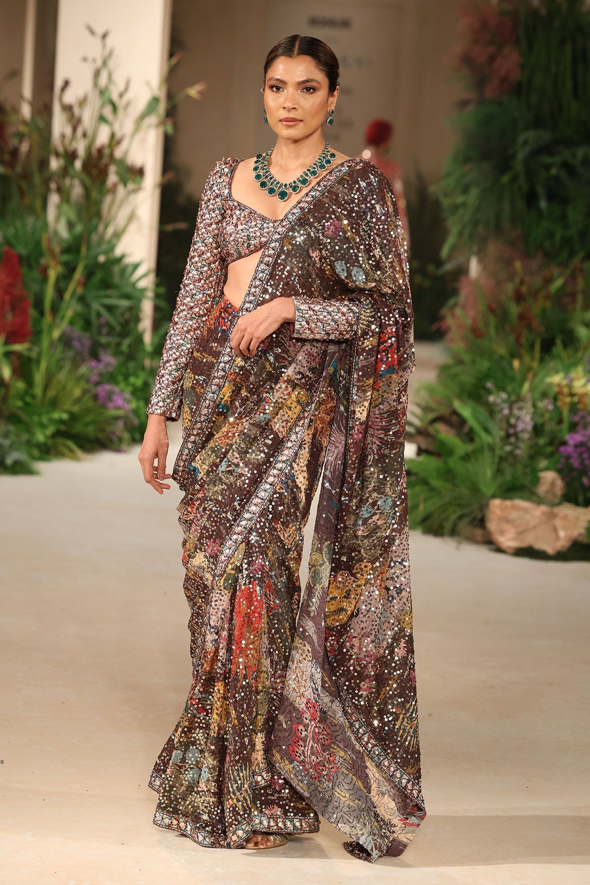 Meadowlight - teakberry sequin georgette draped saree