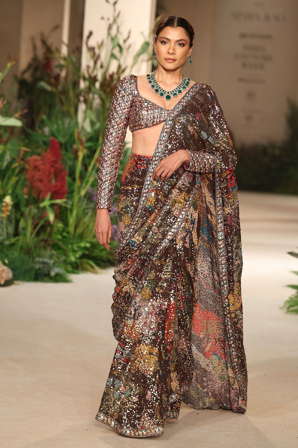 Meadowlight - teakberry sequin georgette draped saree