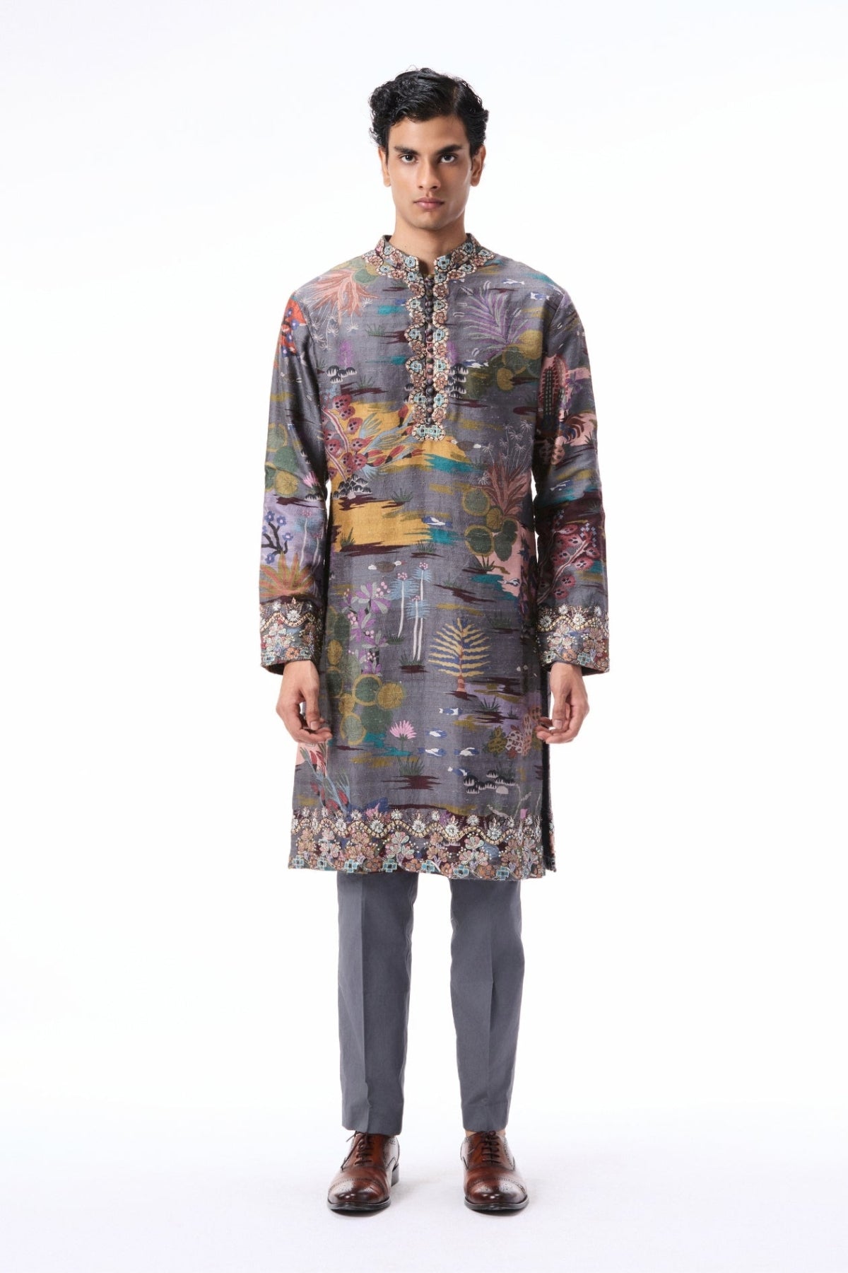 Starlure - gunmetal printed raw silk kurta