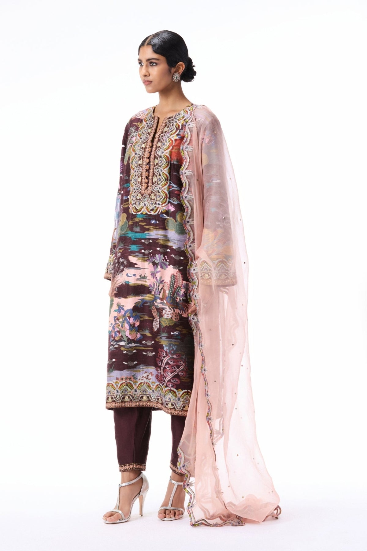 Roselure - teakberry printed raw silk kurta