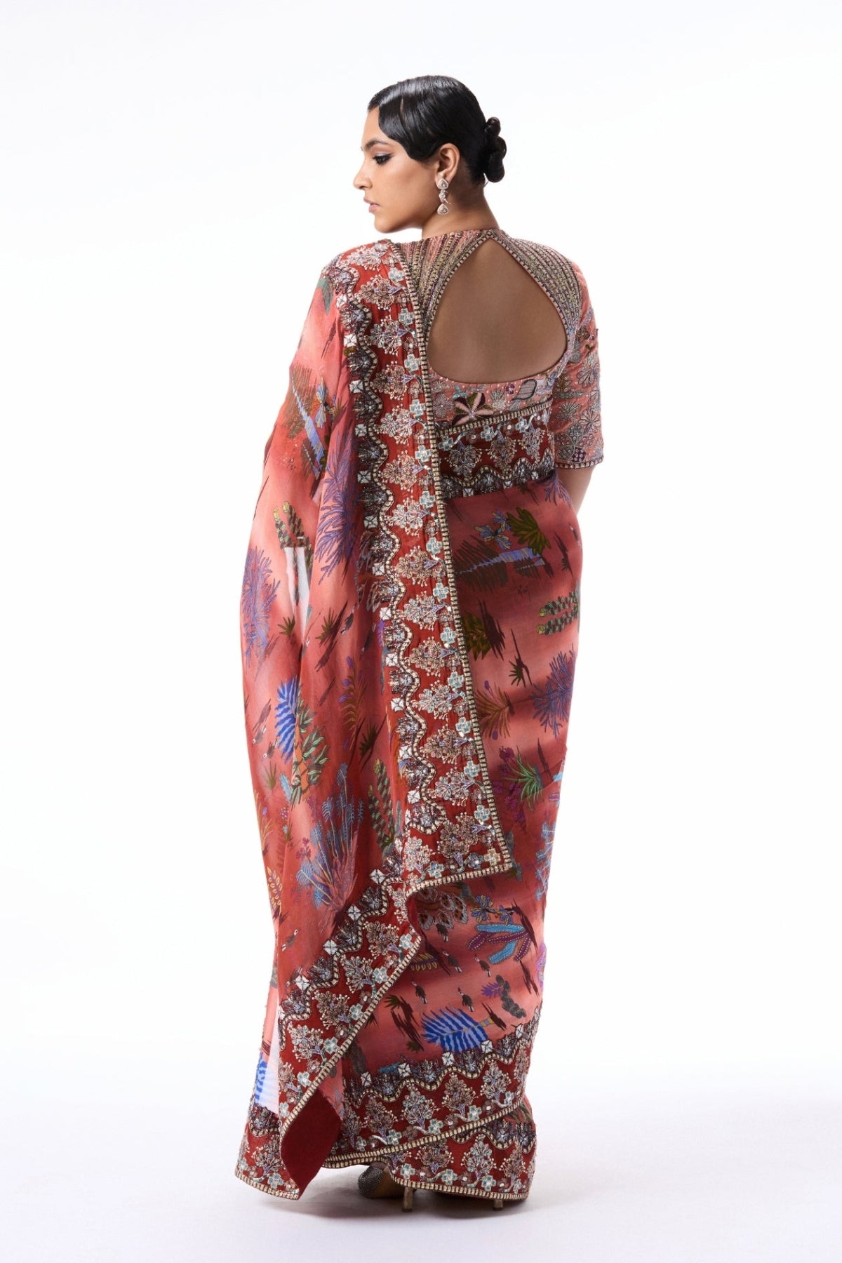 Blushsong - cantaloupe-rust printed viscose organza saree