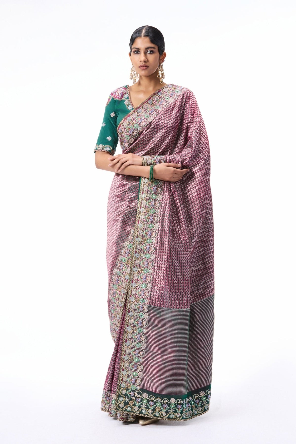 Whisperwild - burgundy-green Banarasi silk saree