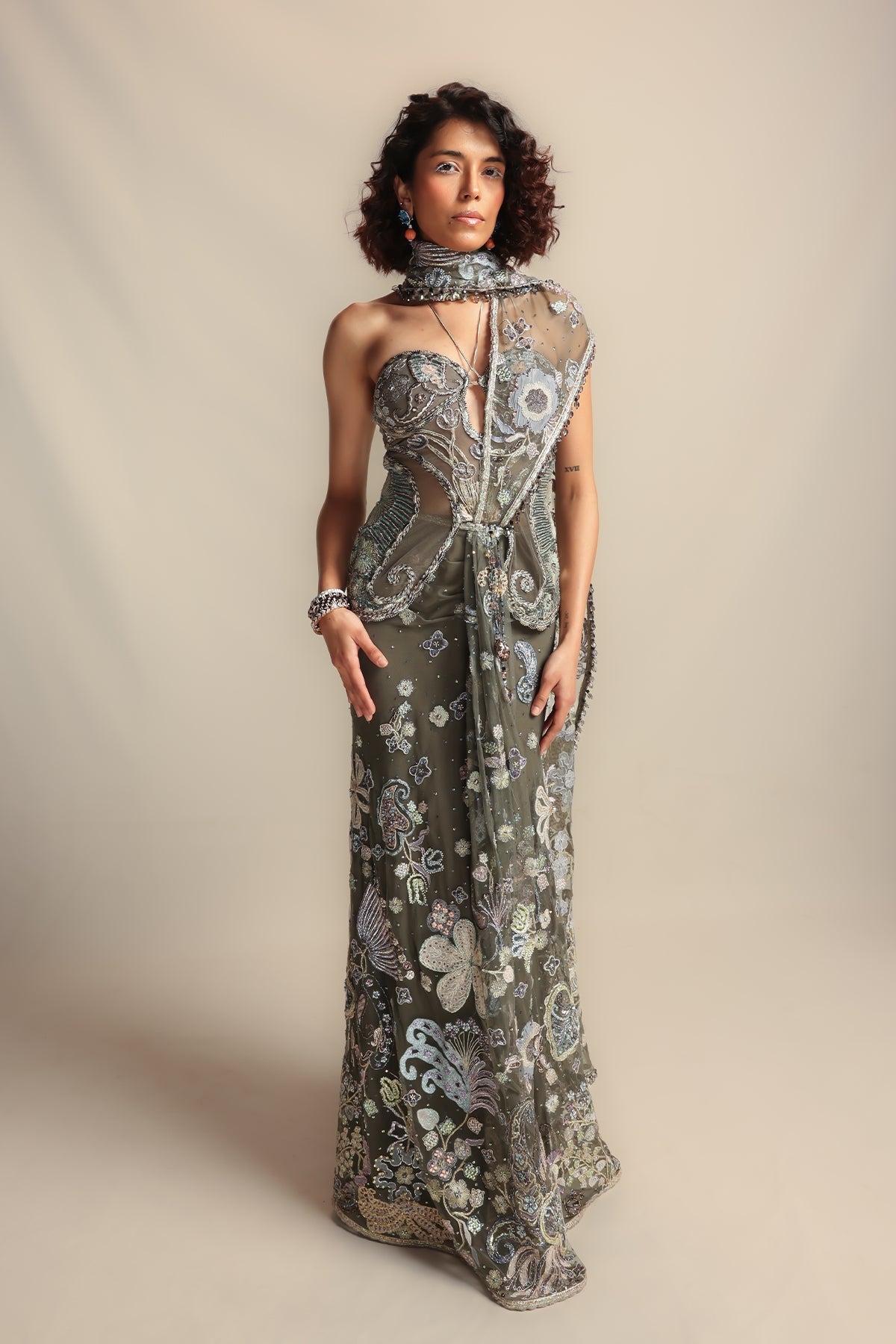Internebula - grey tulle draped saree