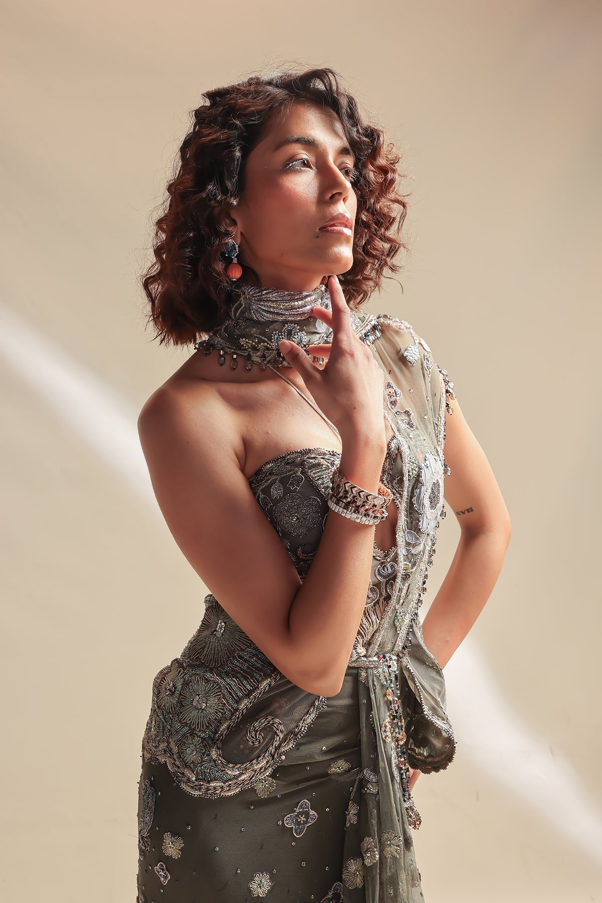 Internebula - grey tulle draped saree