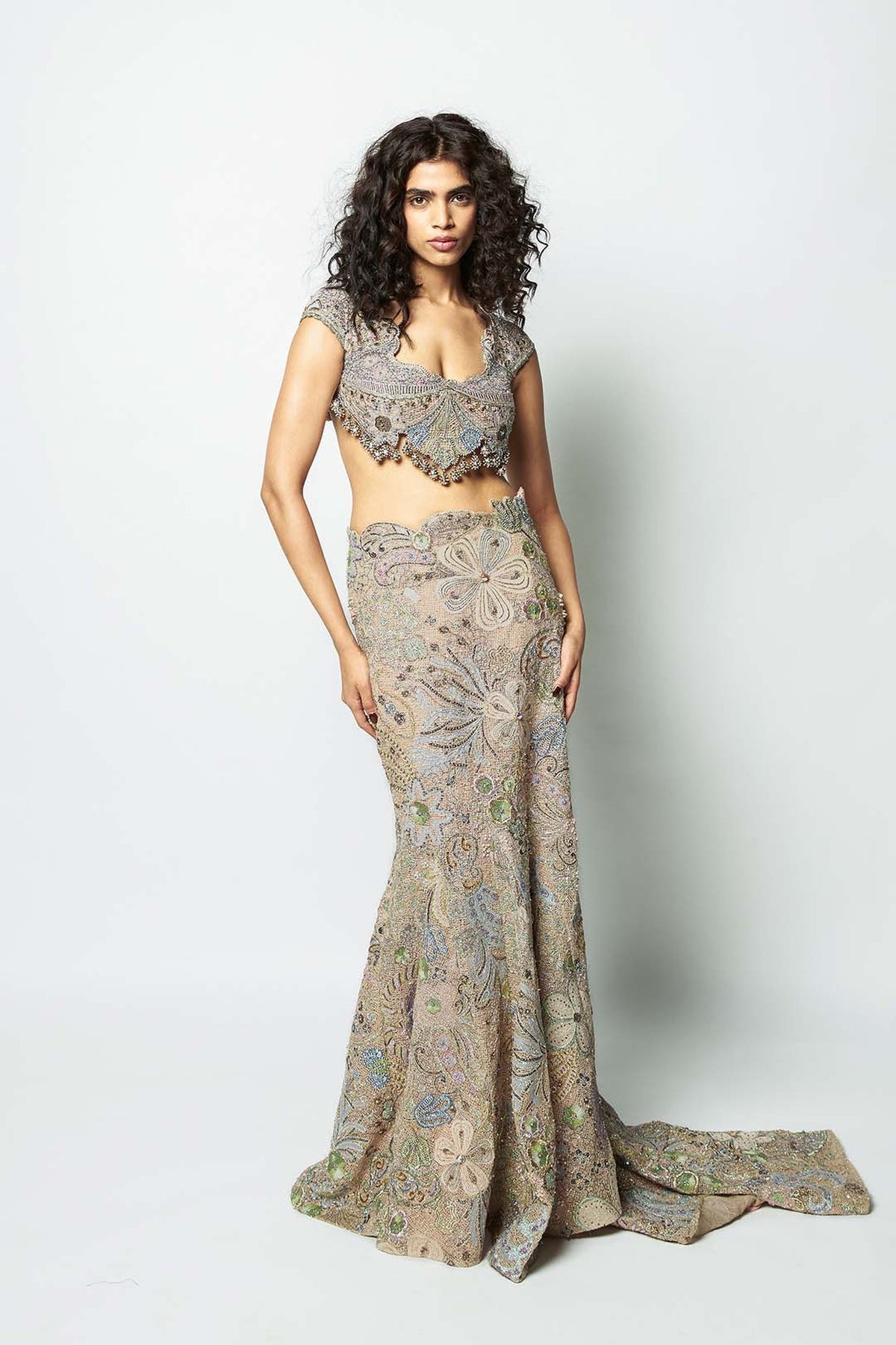Interveil - ivory baby pink mesh mermaid lehenga