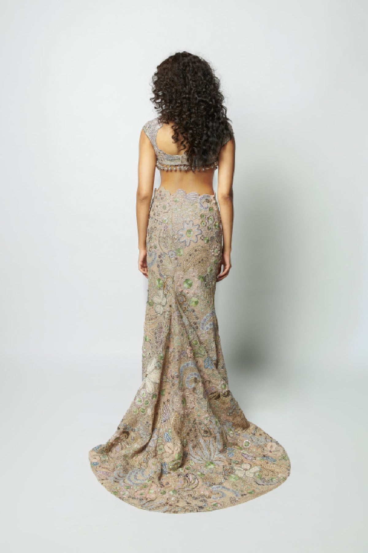Interveil - ivory baby pink mesh mermaid lehenga