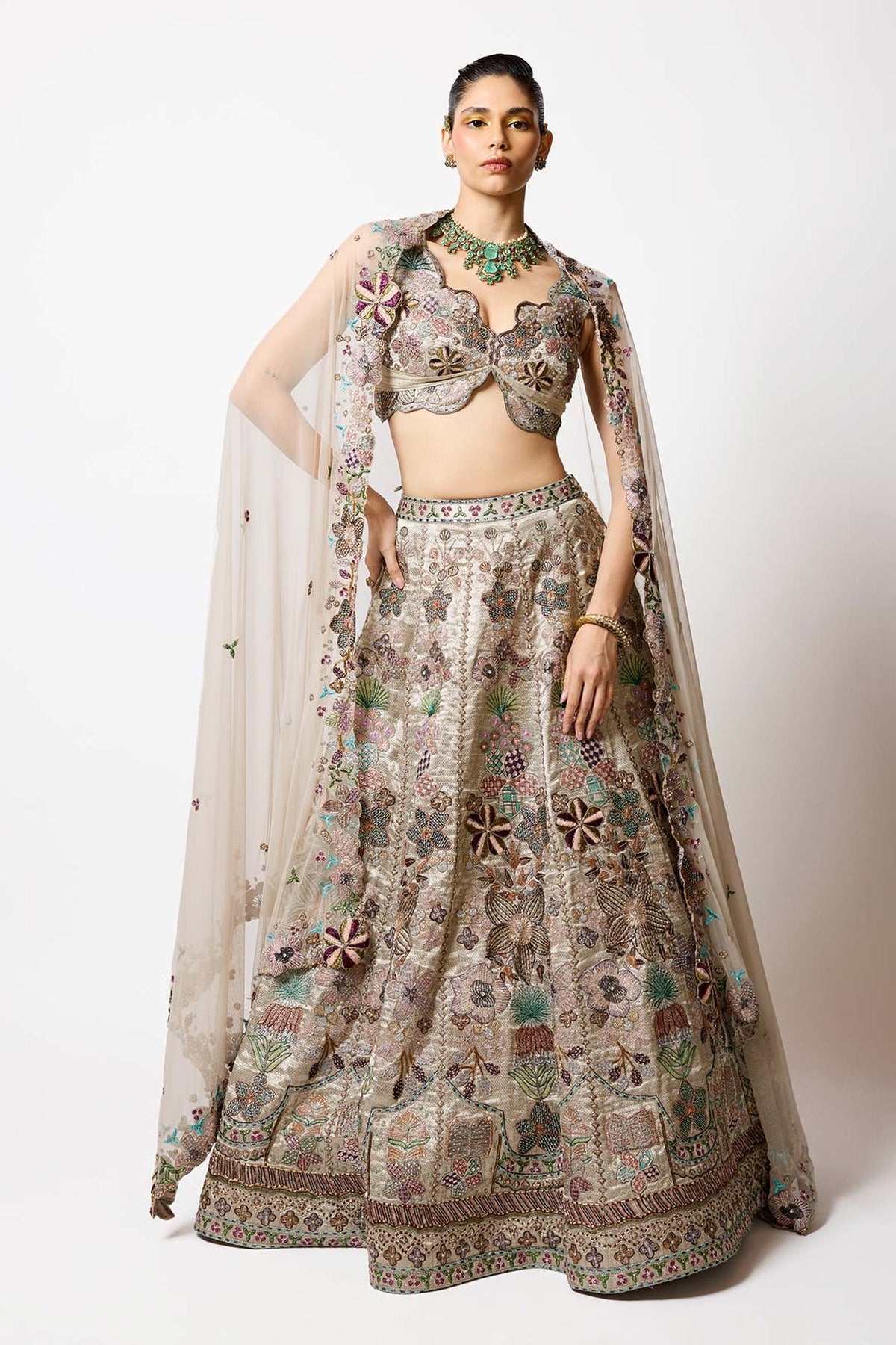 Pluvina - Silver -Gold Banarasi Tissue Brocade Lehenga