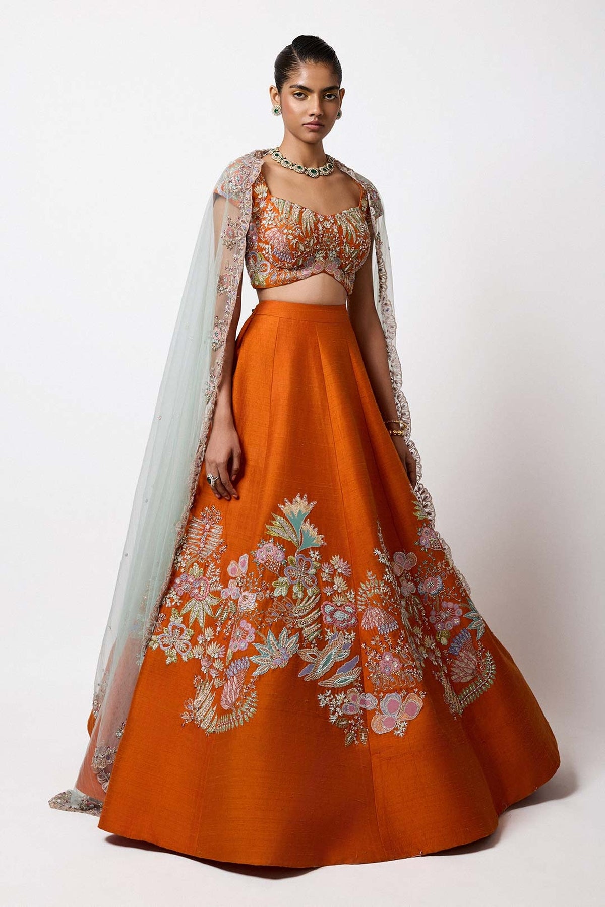 Flambea - Orange Raw Silk Lehenga