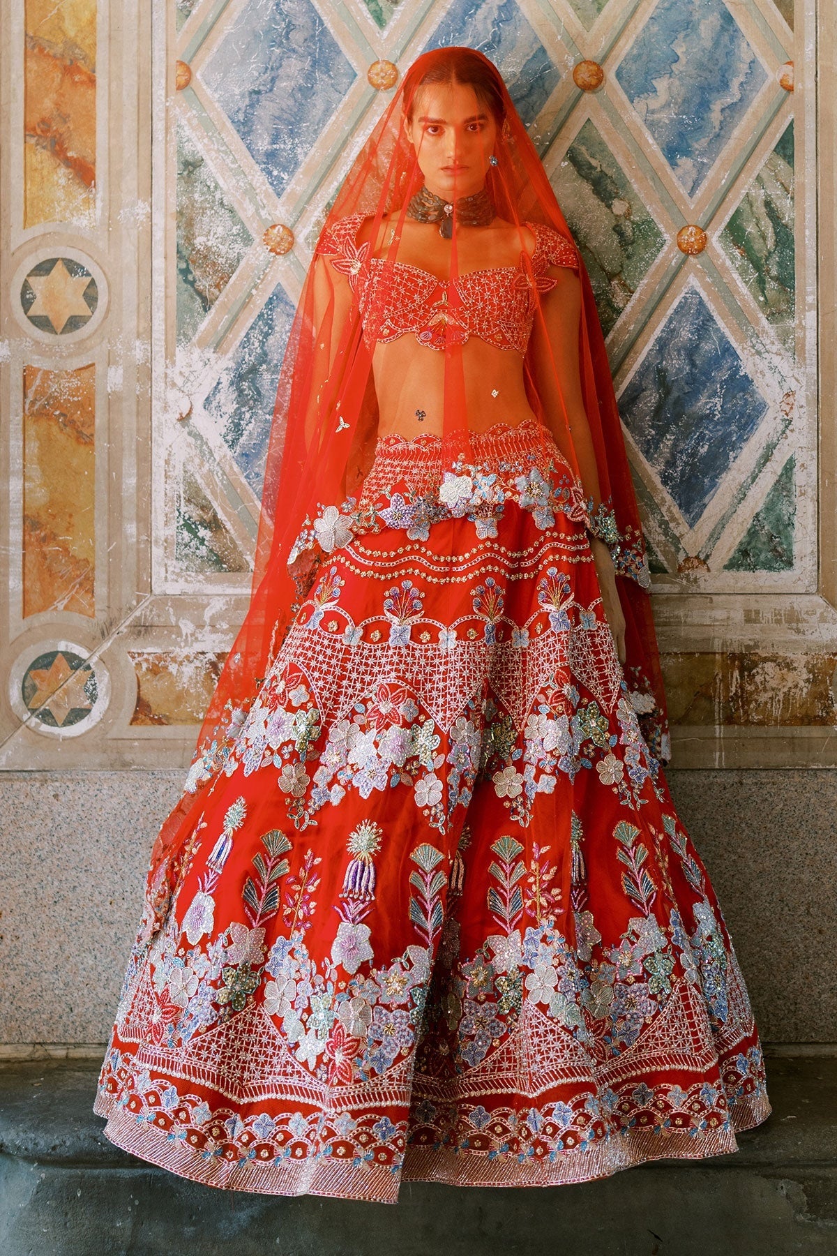 Bryelle - Rosso corsa red Tulle Lehenga