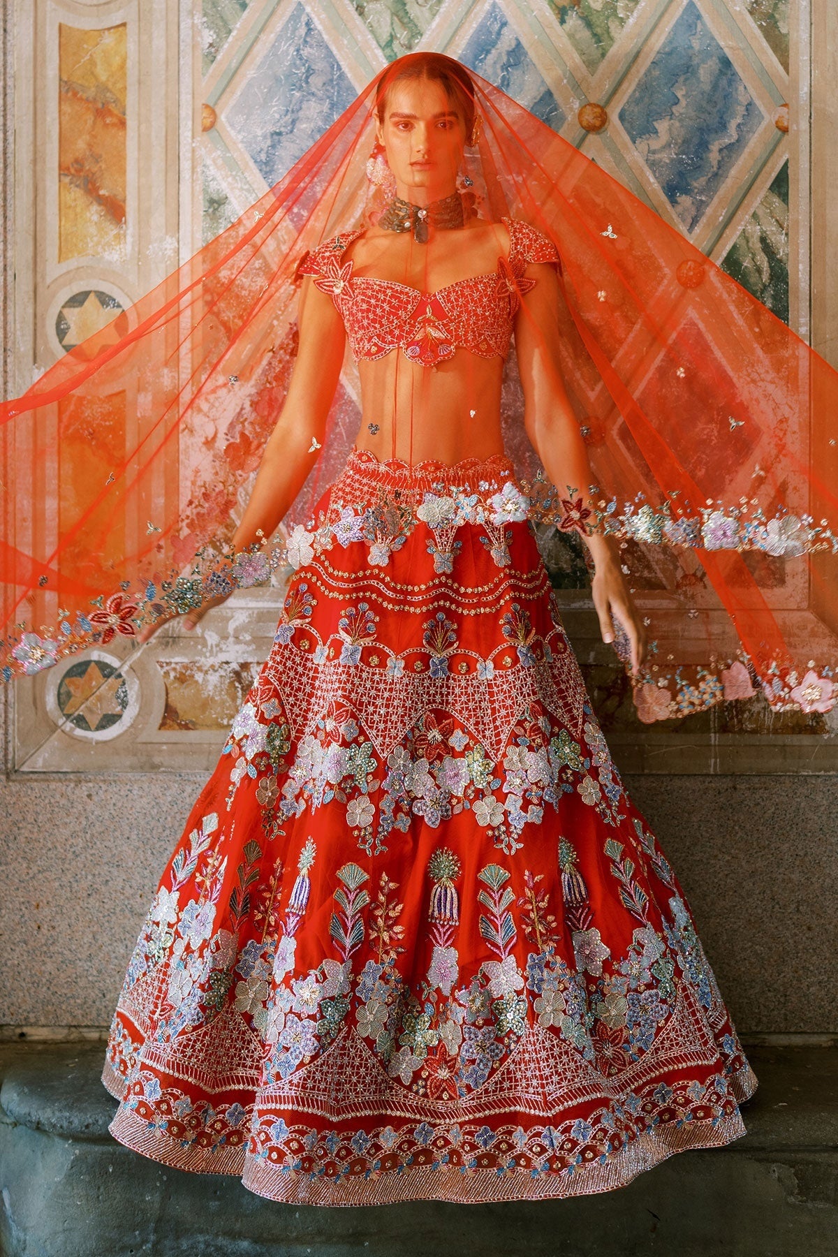 Bryelle - Rosso corsa red Tulle Lehenga