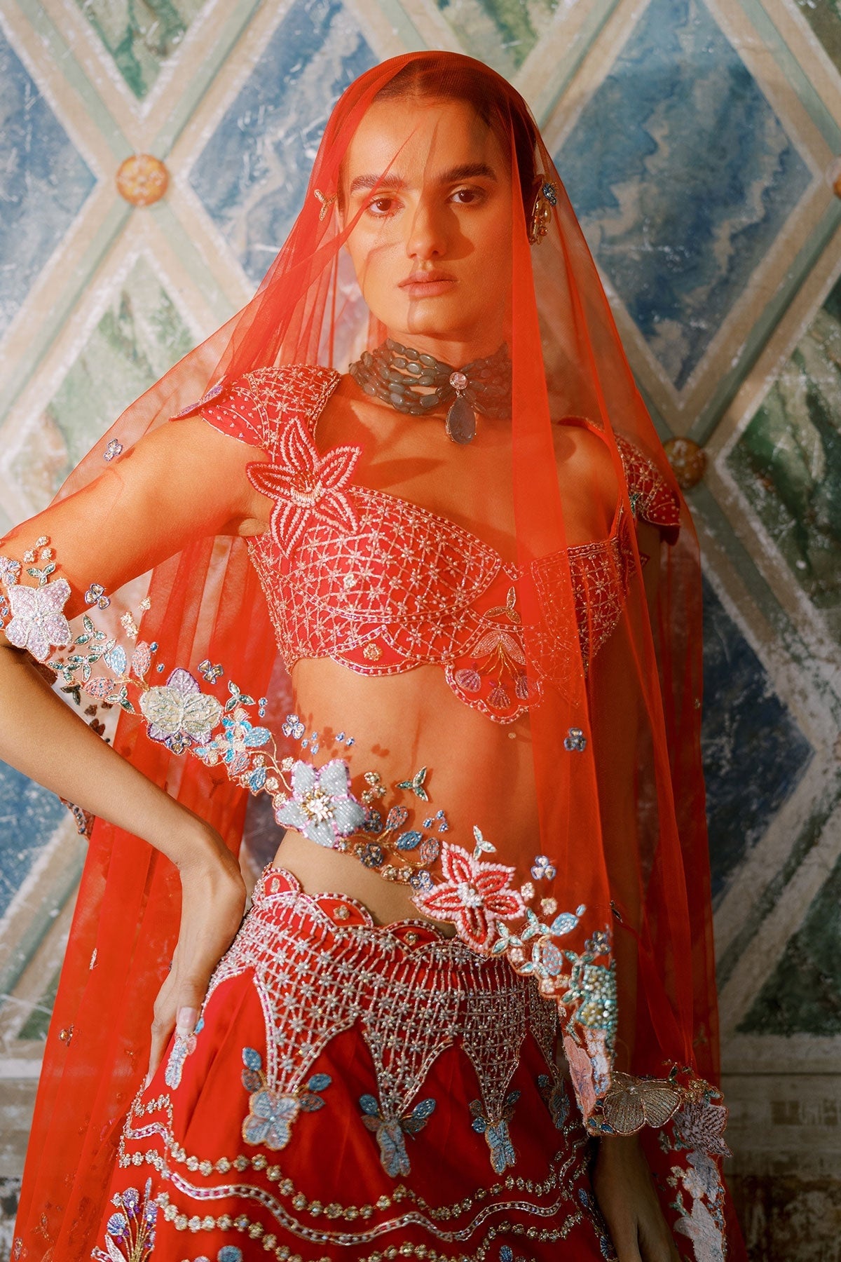 Bryelle - Rosso corsa red Tulle Lehenga