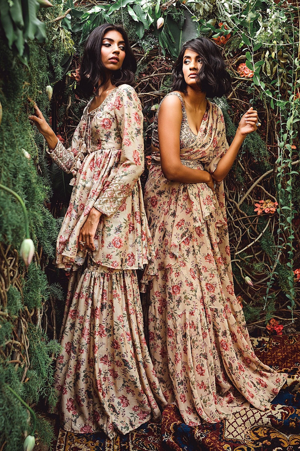 Vintage Printed Ruffle Saree Set