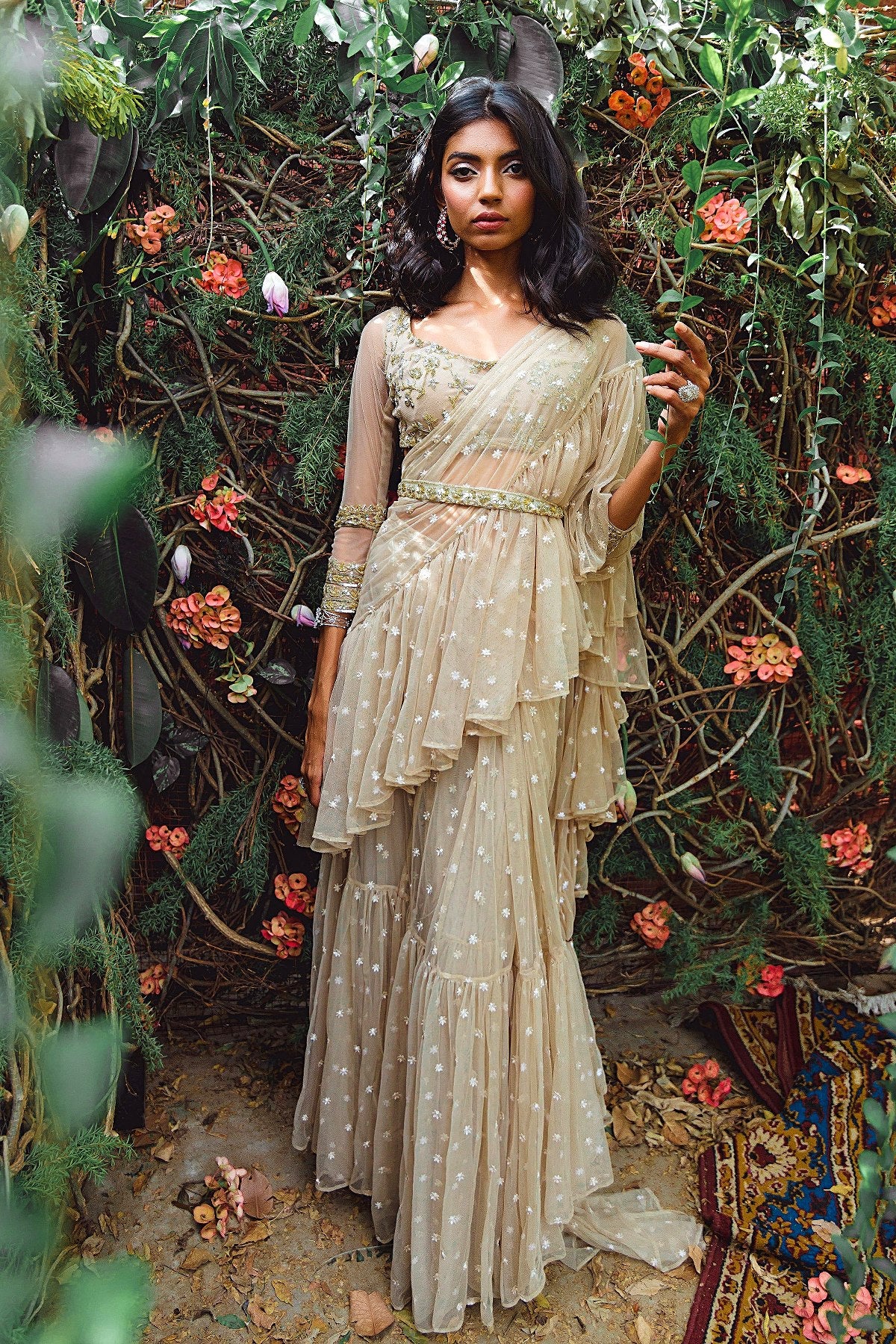 Beige Embellished Saree Set