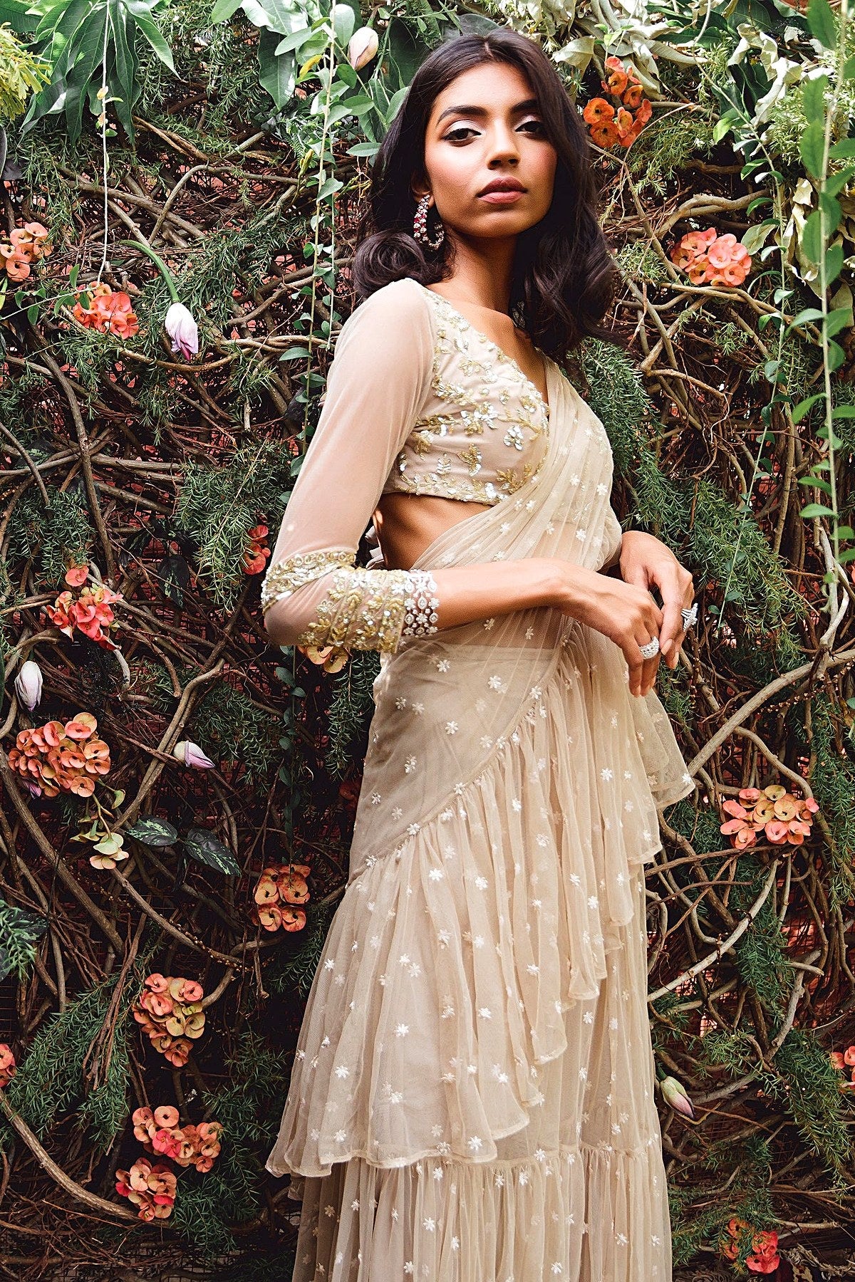 Beige Embellished Saree Set