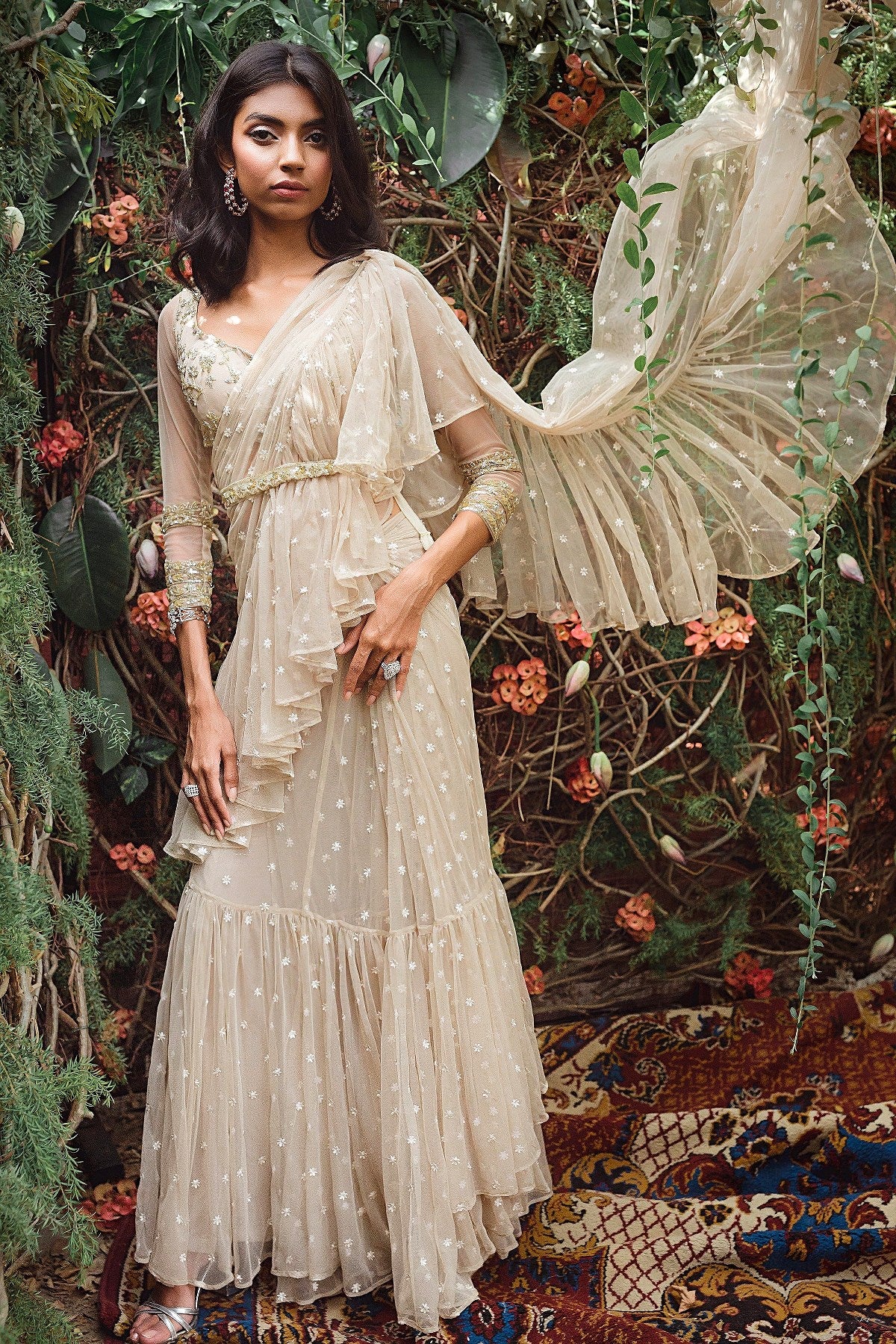 Beige Embellished Saree Set