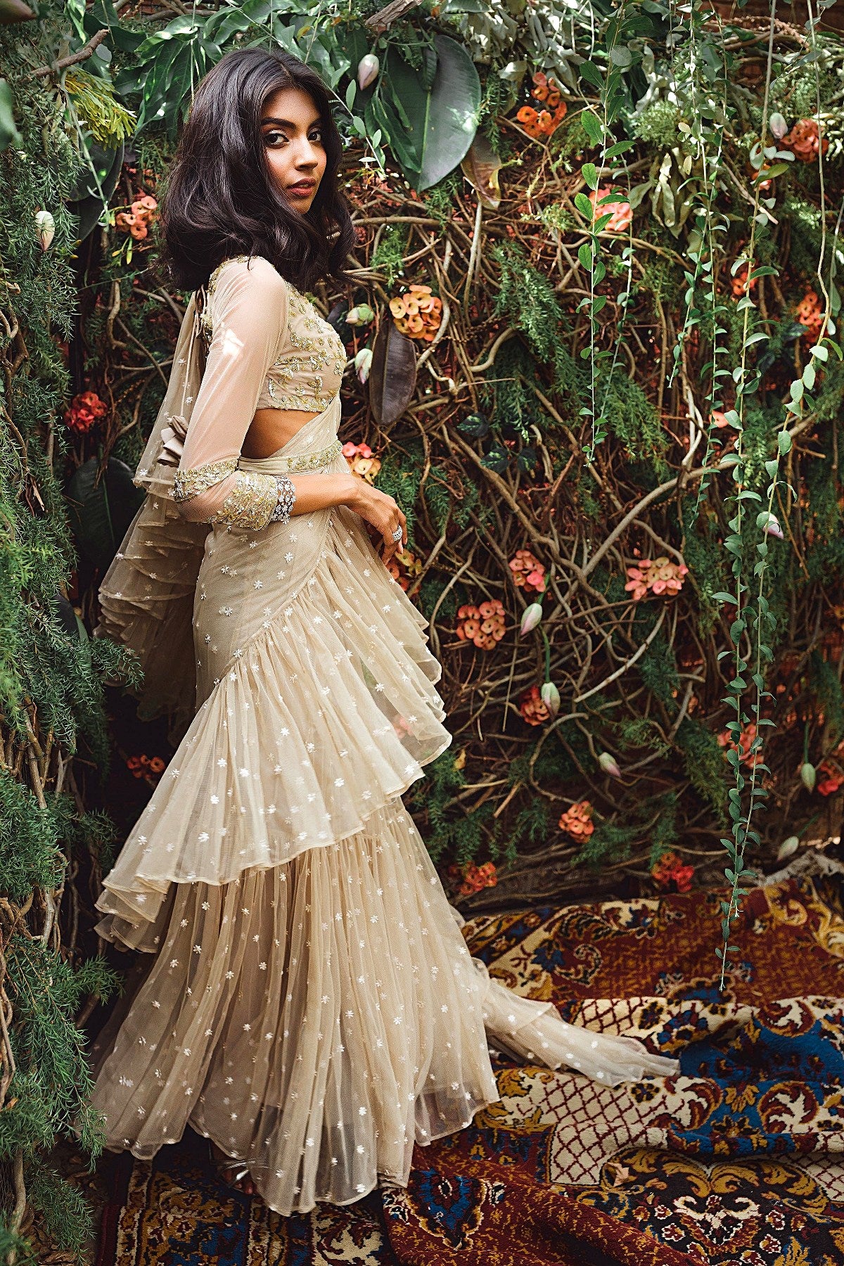 Beige Embellished Saree Set