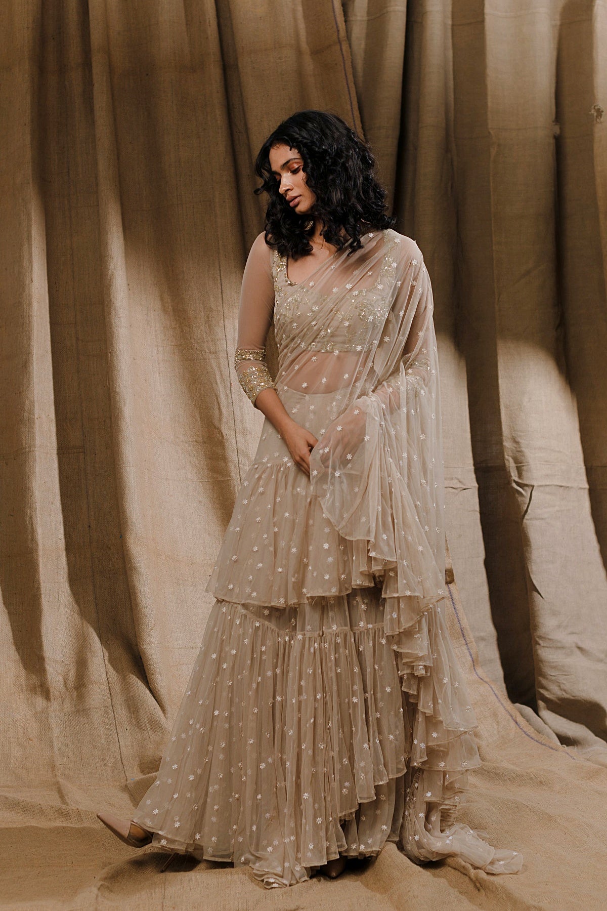 Beige Embellished Saree Set