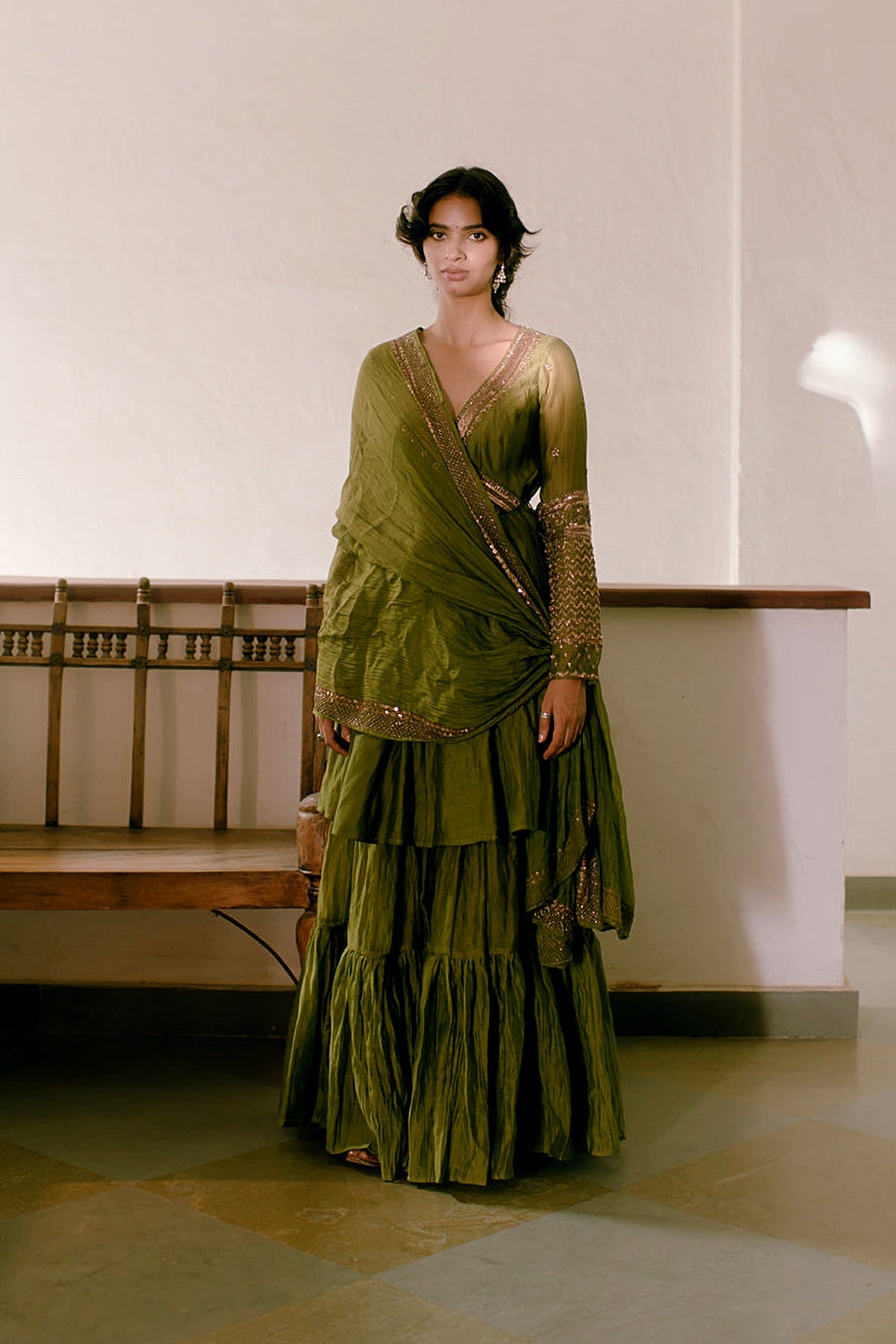 Mehendi Green Thread Peplum And Sharara Set