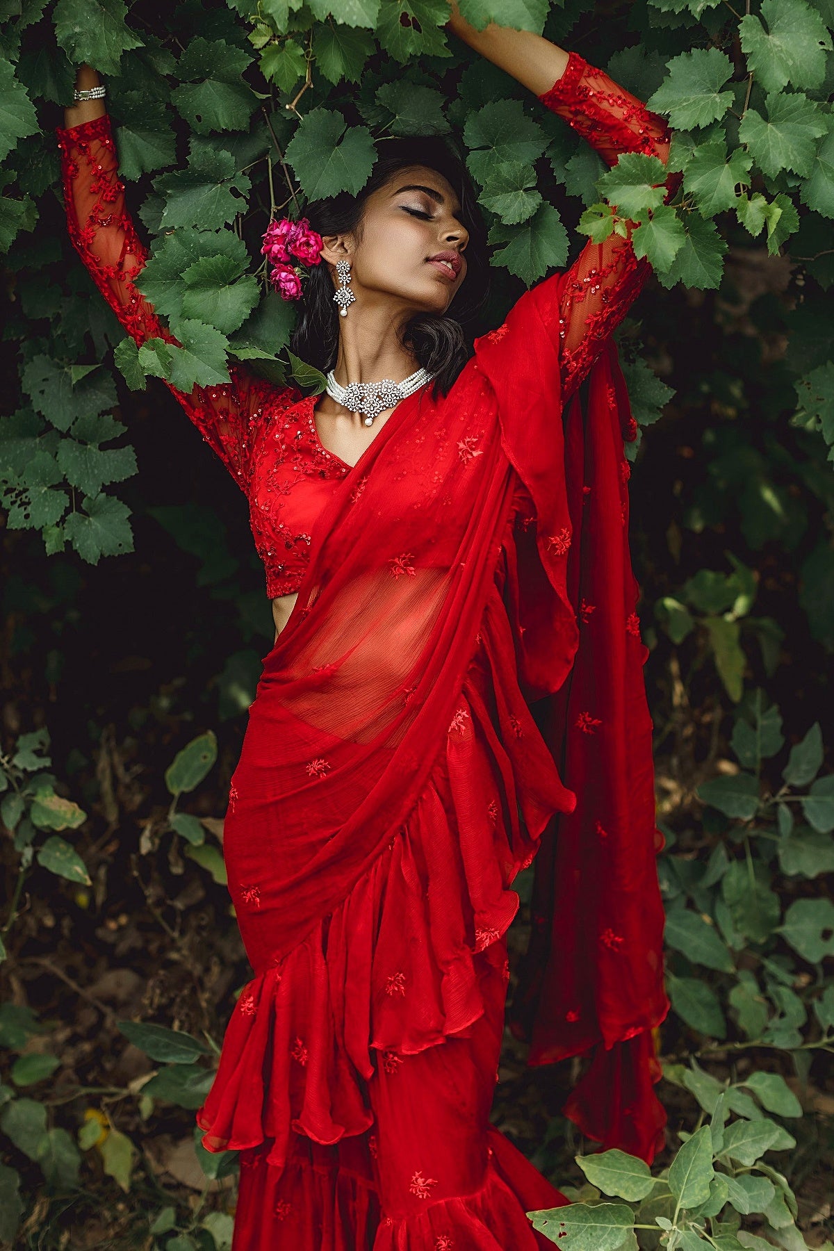 Red Threadwork Ruffle Saree Set