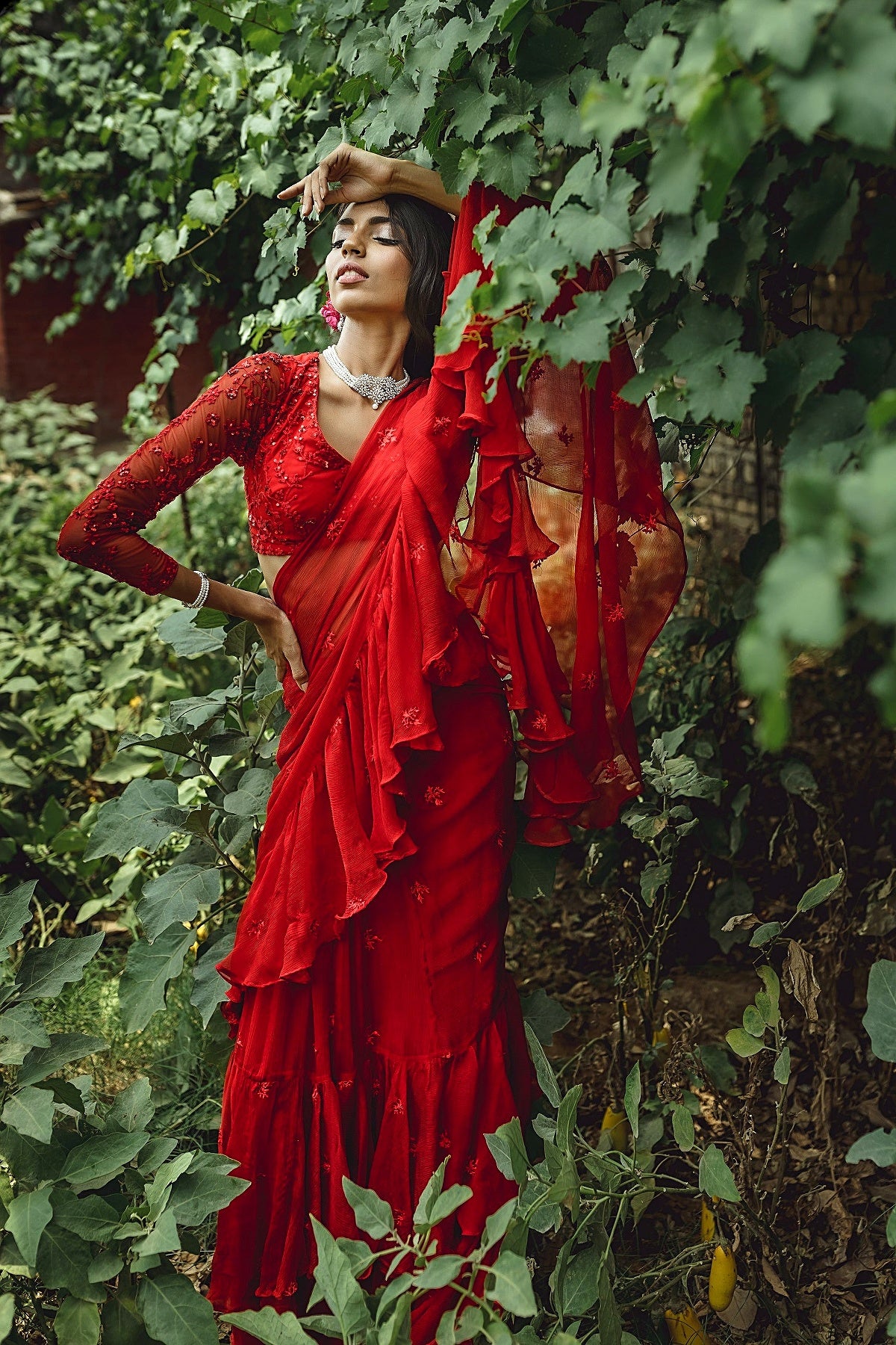 Red Threadwork Ruffle Saree Set