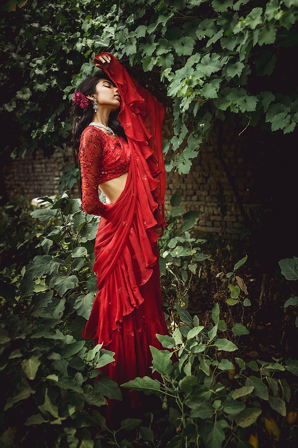 Red Threadwork Ruffle Saree Set