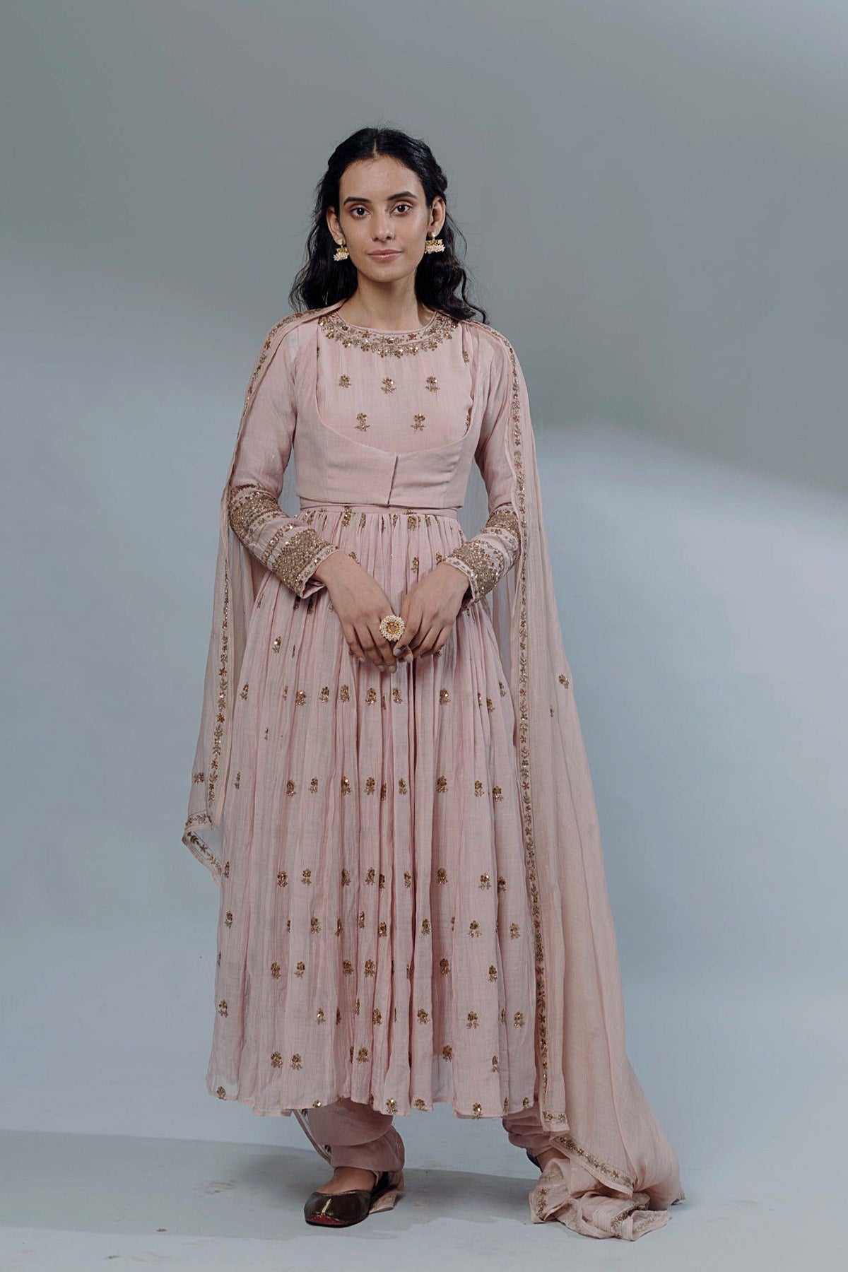 Powder Pink Embellished Anarkali And Sharara Set