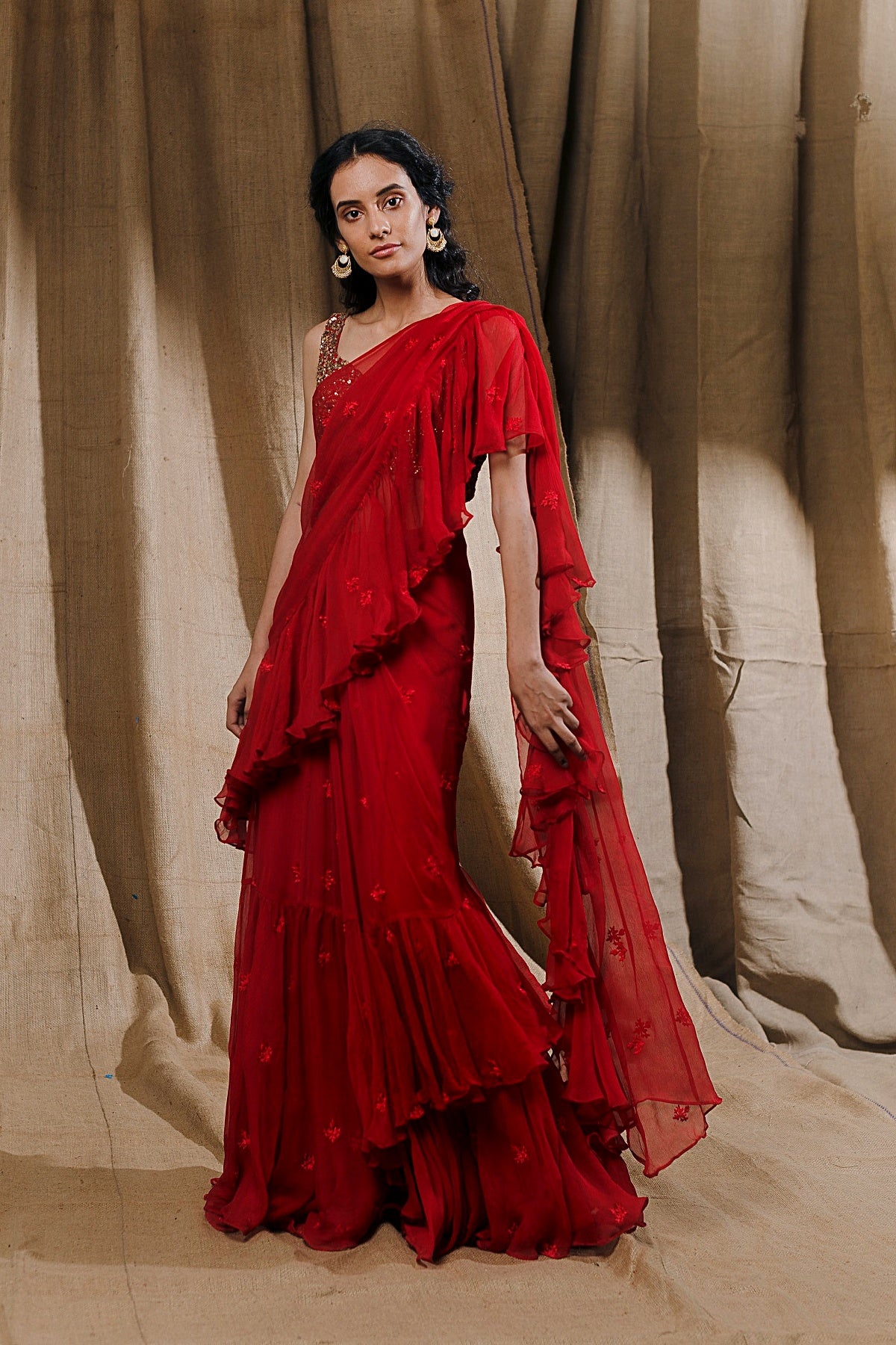 Red Thread Ruffle Saree With Embellished Blouse