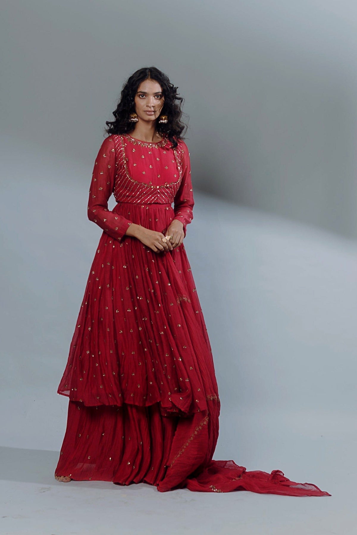 Red Anarkali Set With Sharara Pants