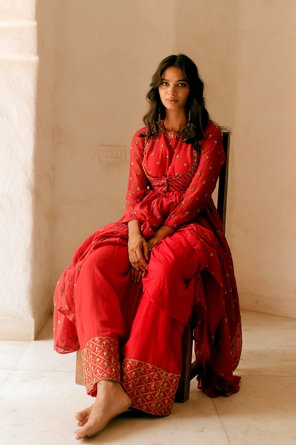 Red Anarkali Set With Sharara Pants