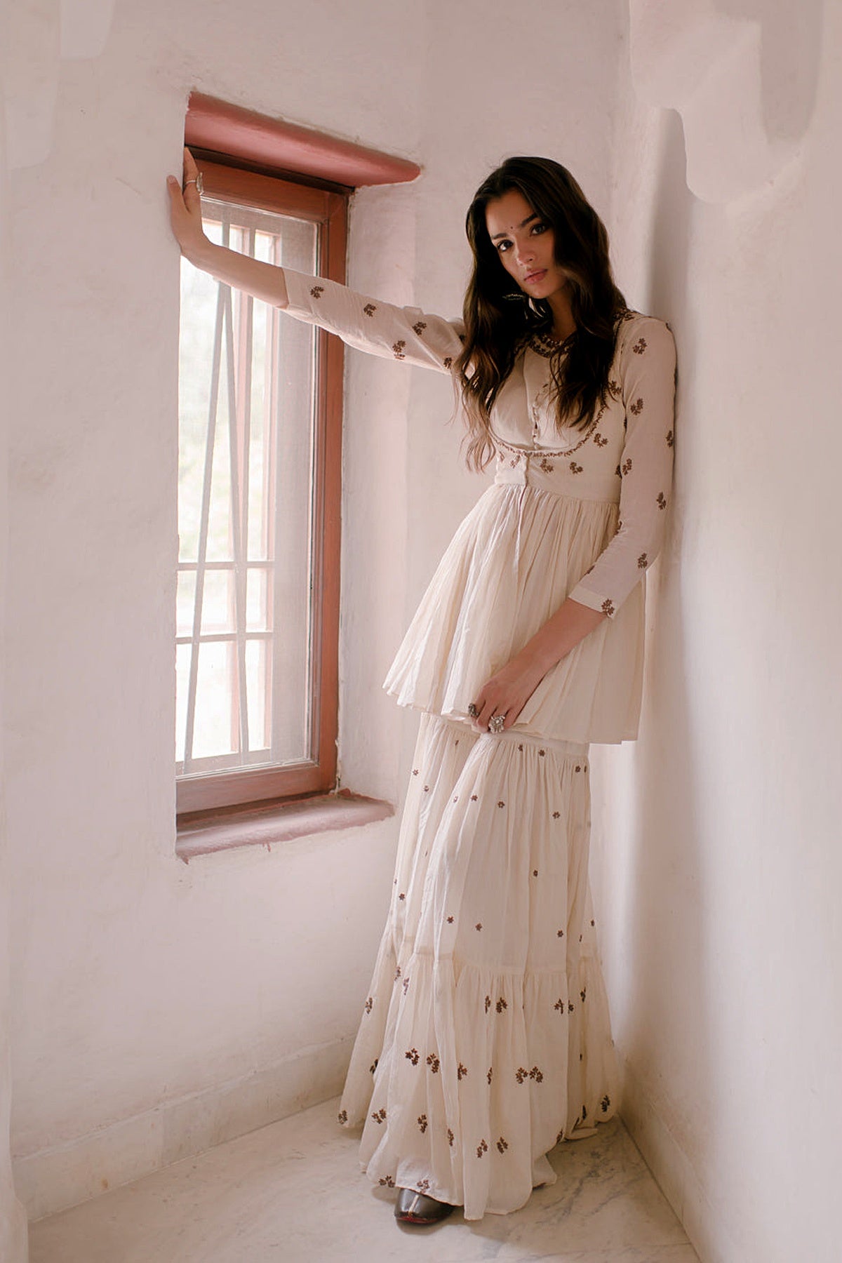 White Thread Peplum And Sharara