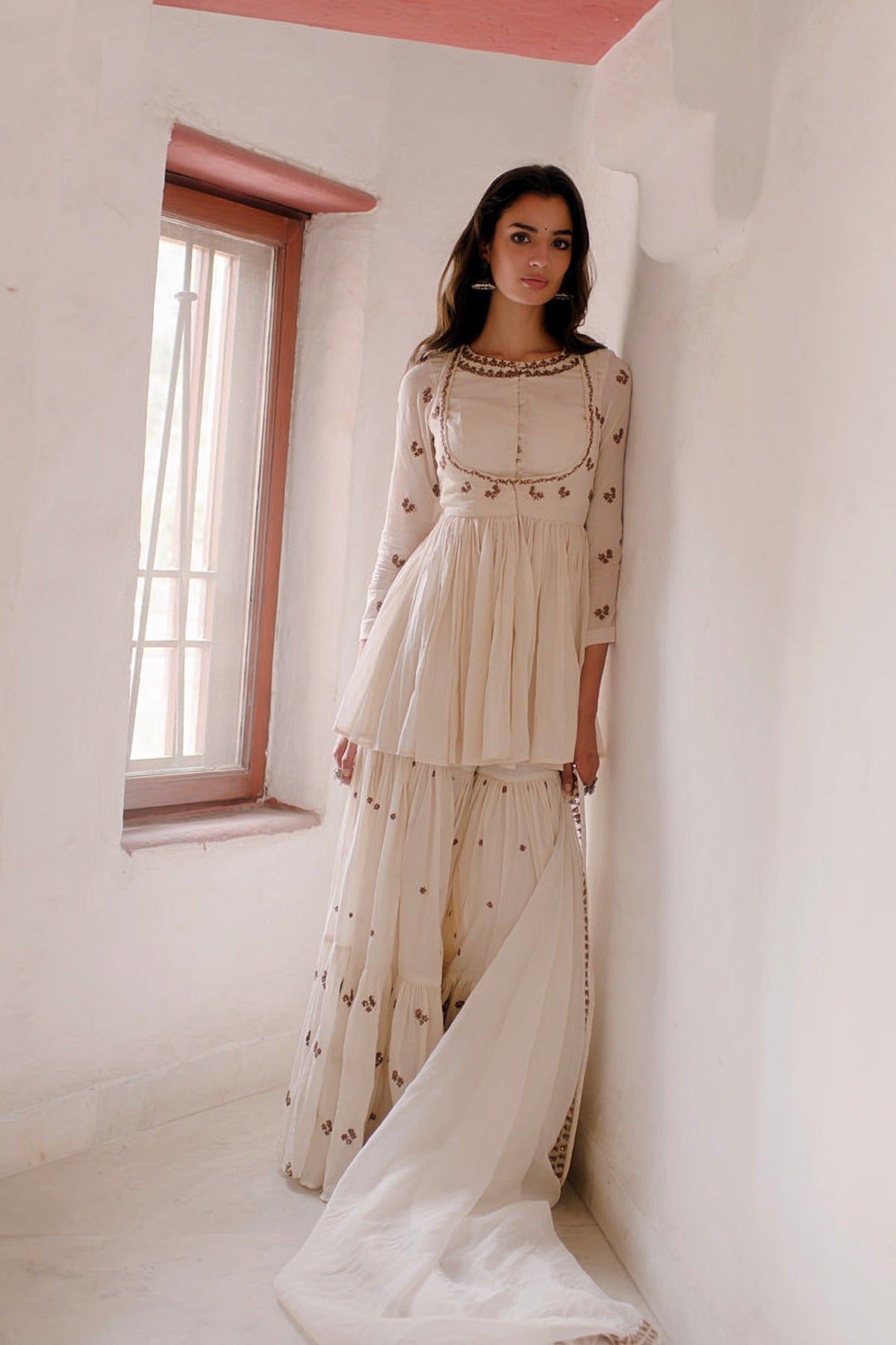 White Thread Peplum And Sharara