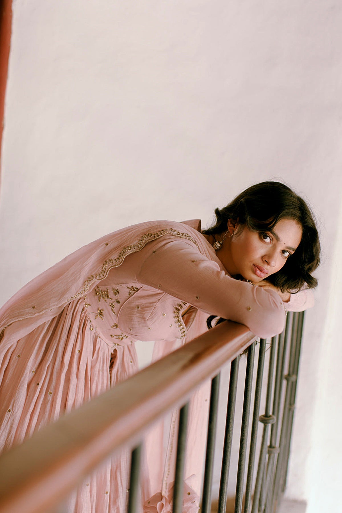 Powder Pink Thread Anarkali And Sharara Set