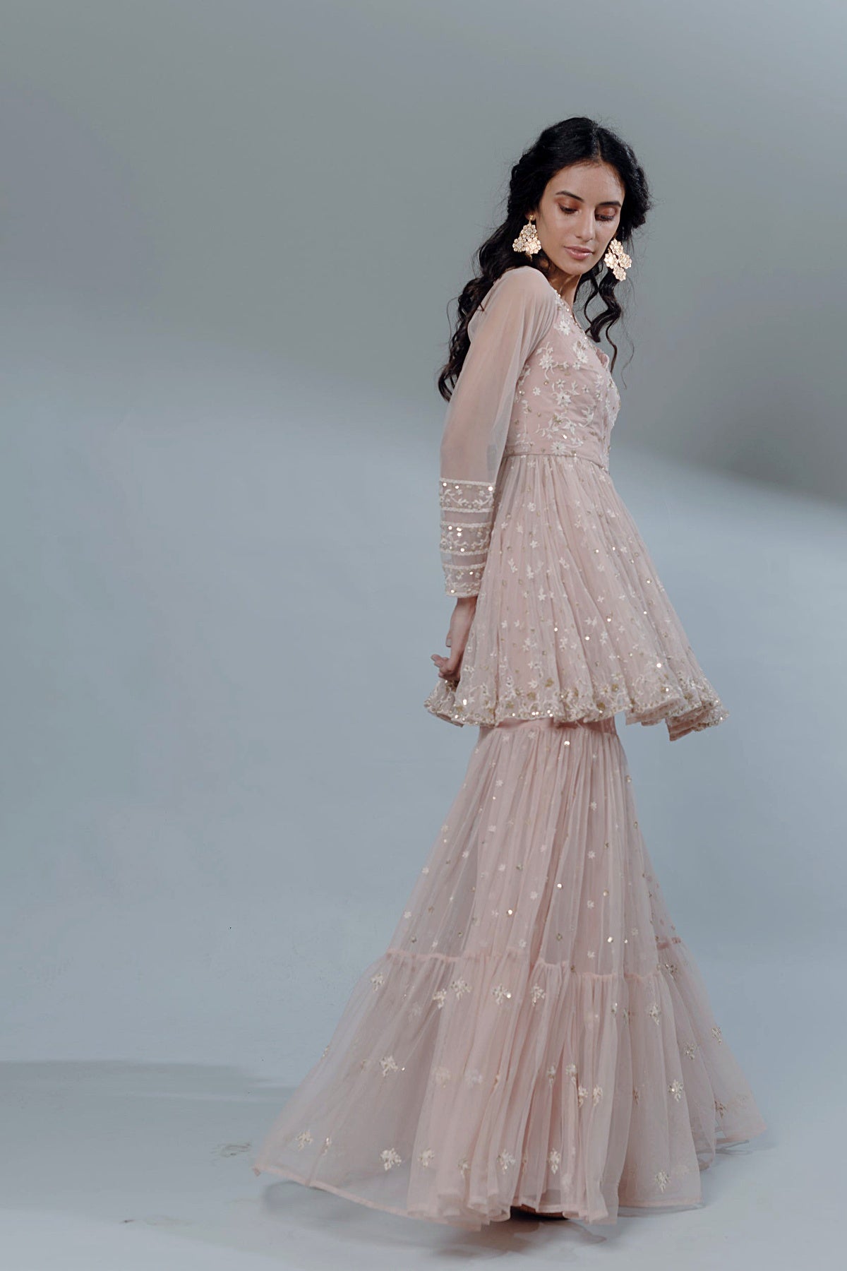 Powder Pink Thred Kurti And Sharara Set