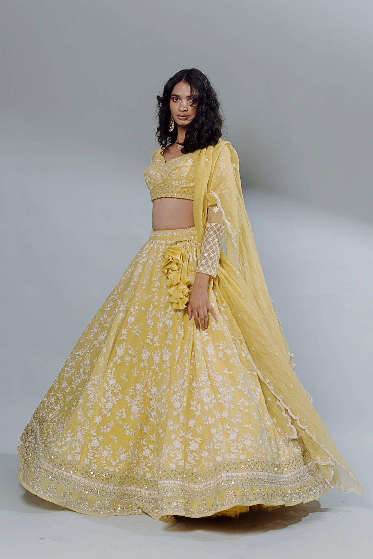 Lemon Yellow Threadwork Lehenga Set