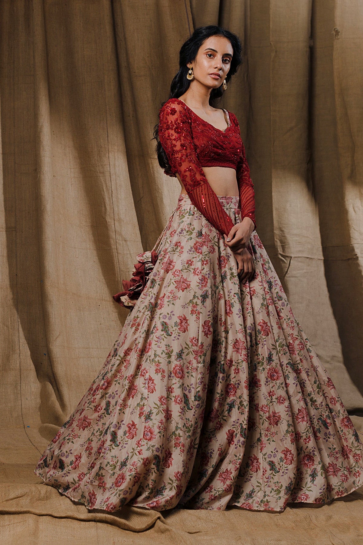 Beige Floral Printed Lehenga With Red Threawork Blouse