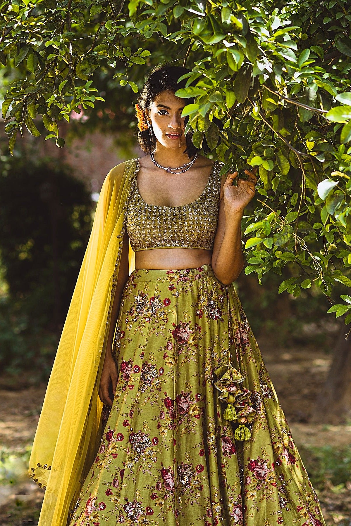 Leaf Green Floral Printed Lehenga Set
