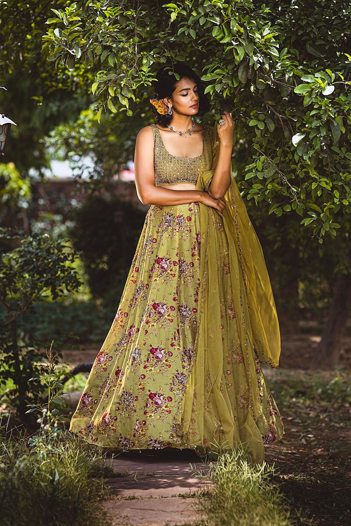 Leaf Green Floral Printed Lehenga Set