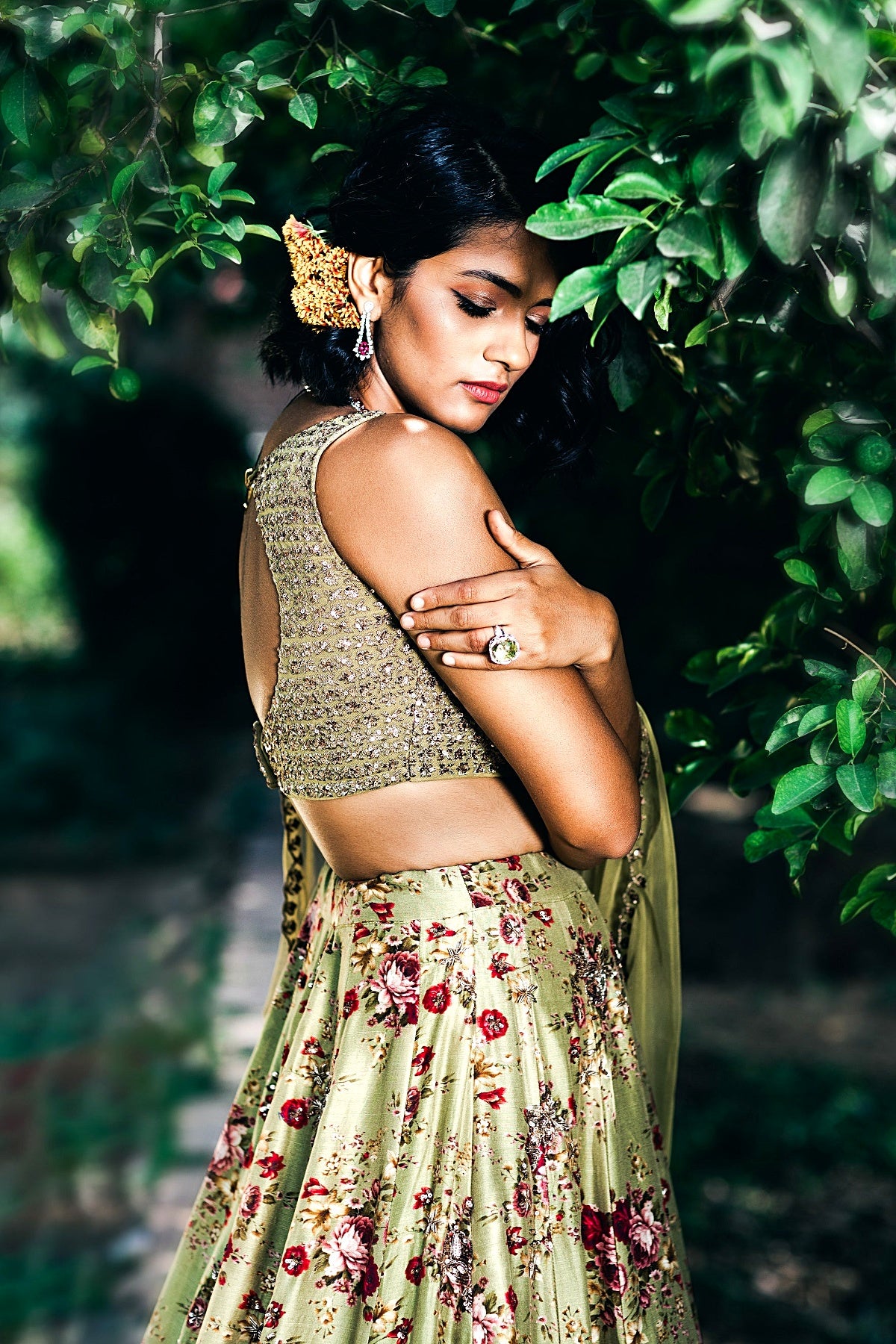 Leaf Green Floral Printed Lehenga Set