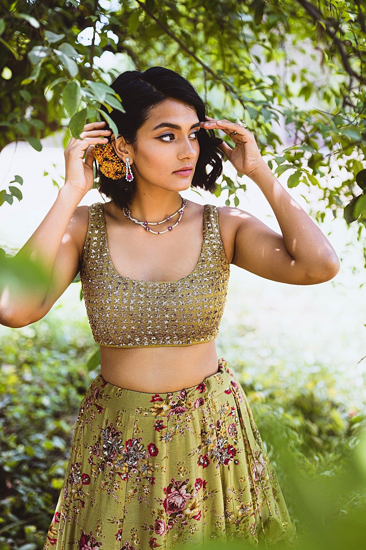 Leaf Green Floral Printed Lehenga Set