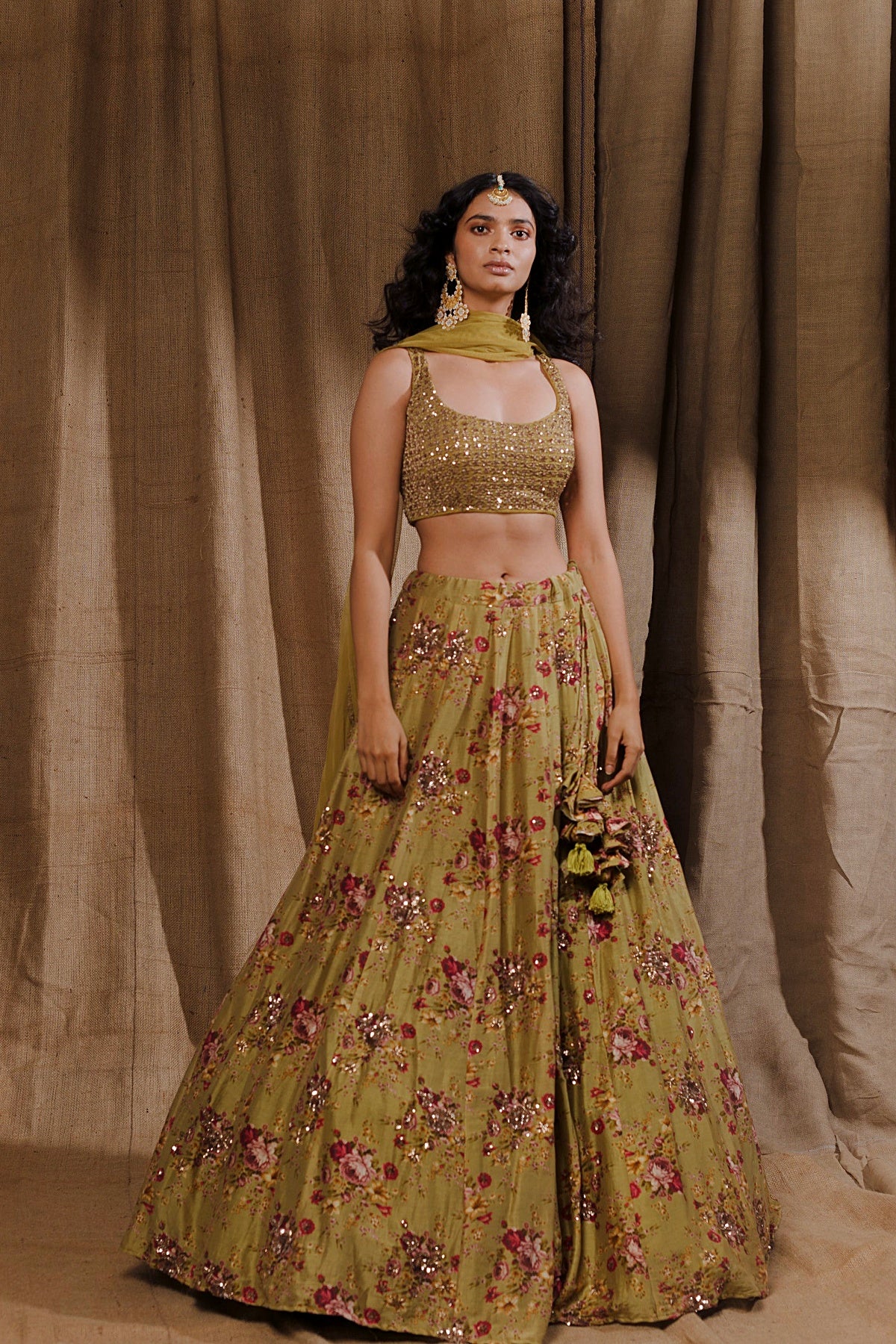 Leaf Green Floral Printed Lehenga Set