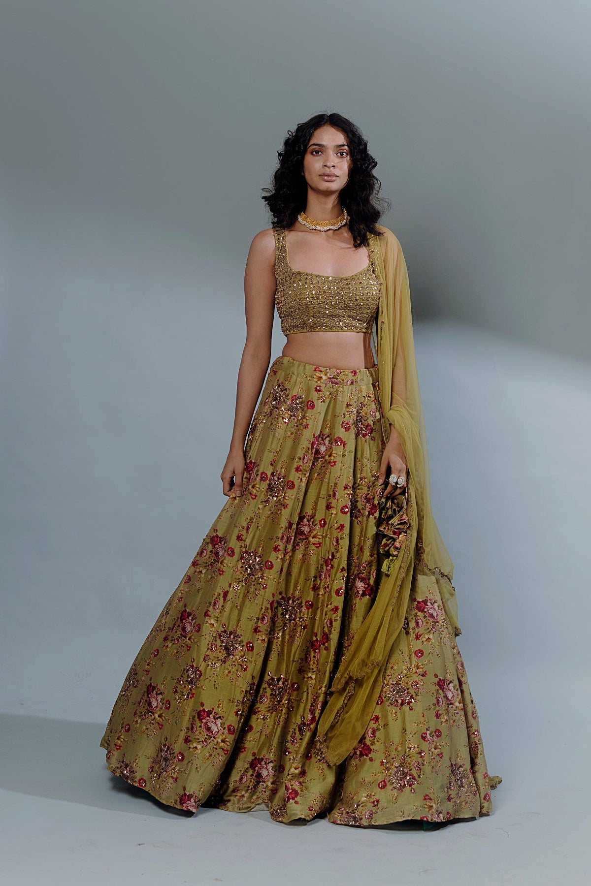 Leaf Green Floral Printed Lehenga Set
